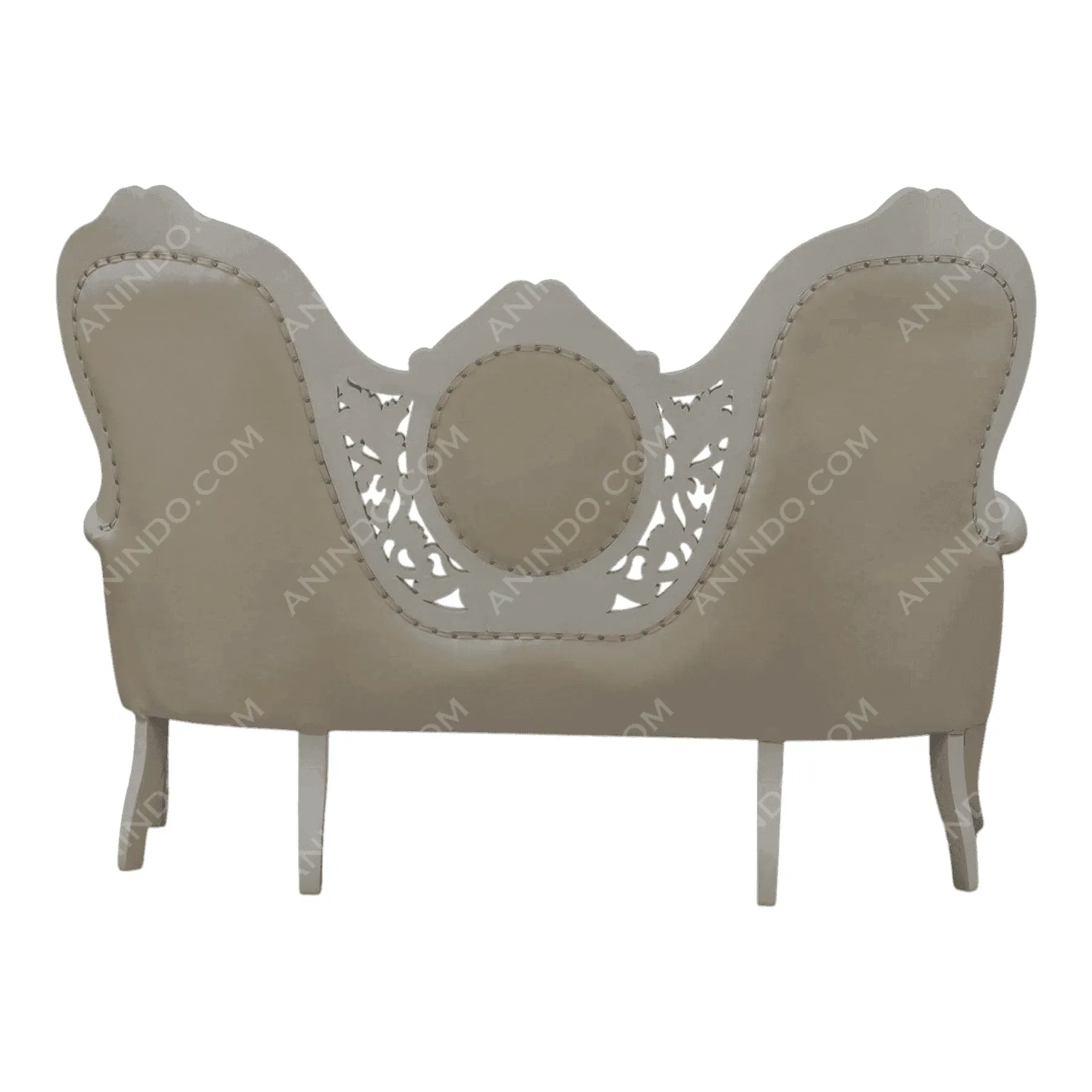 Beige vintage upholstered loveseat with carved wood back