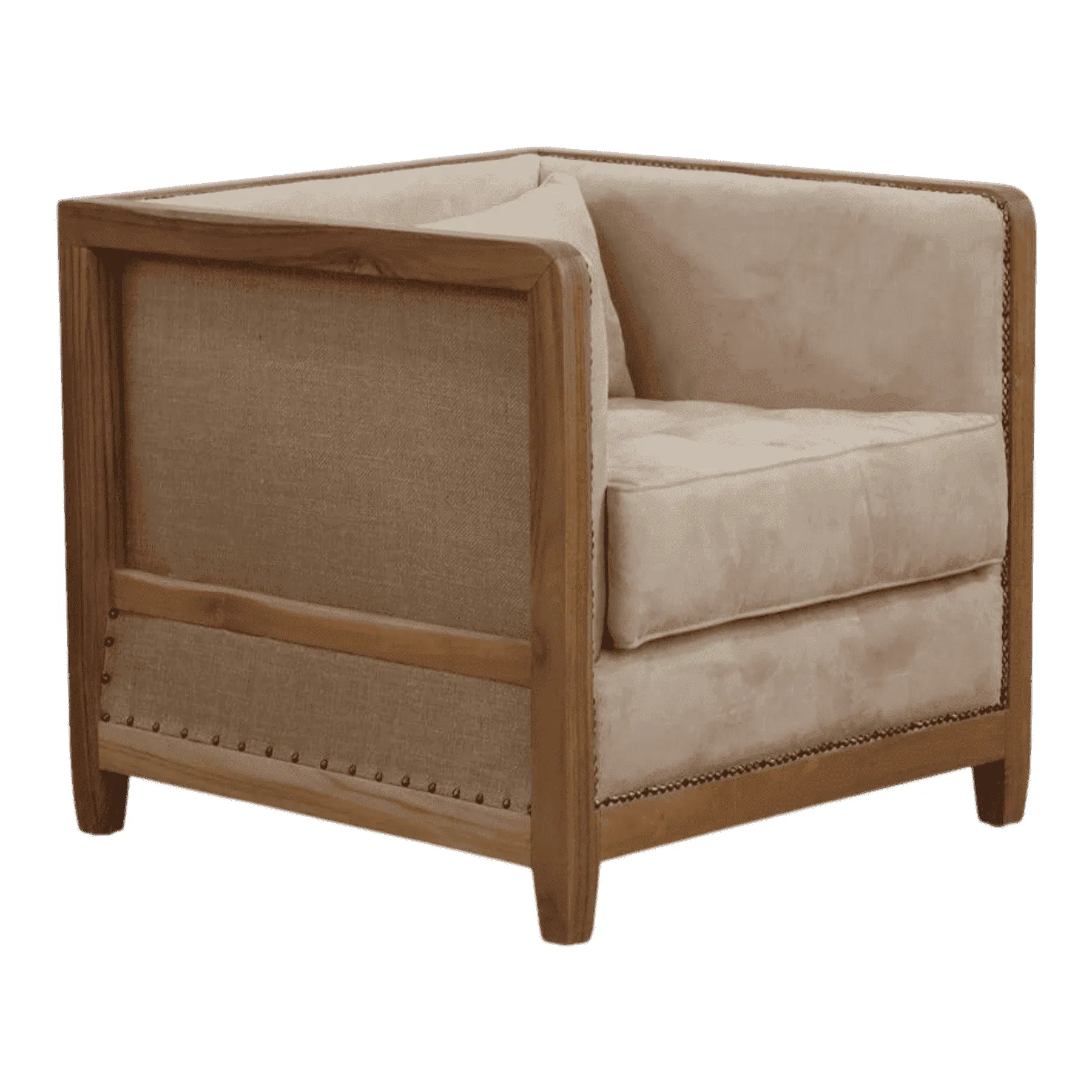 Beige upholstered armchair with wooden frame