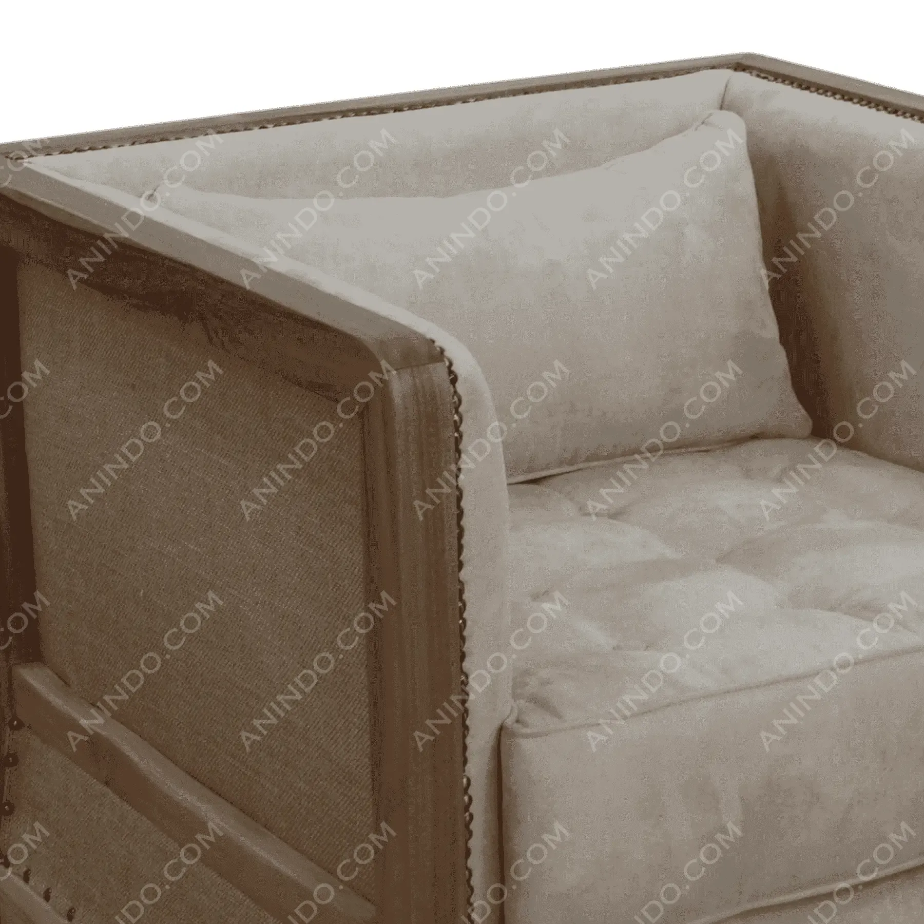 Beige upholstered armchair with wooden frame
