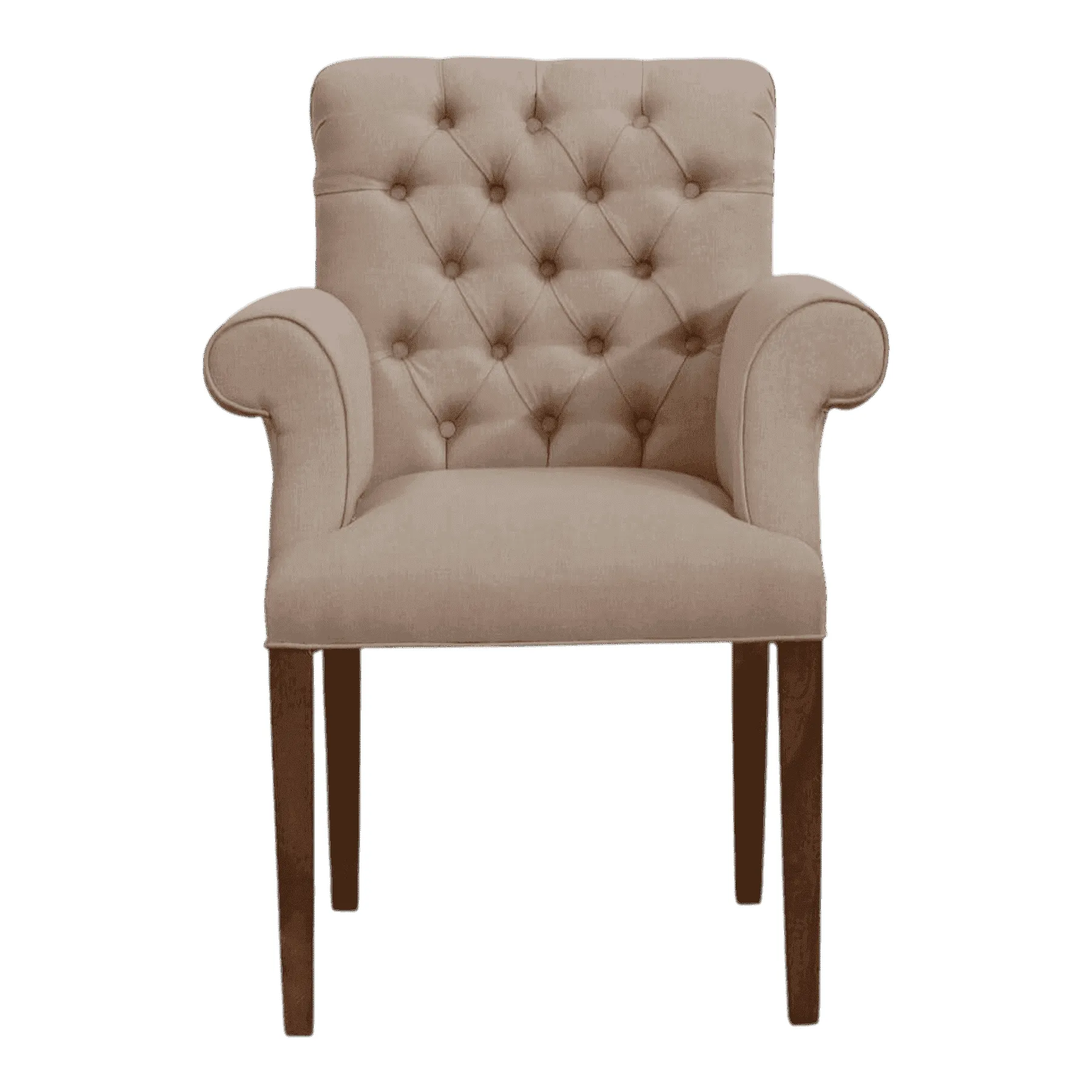 Beige tufted upholstered armchair with wooden legs