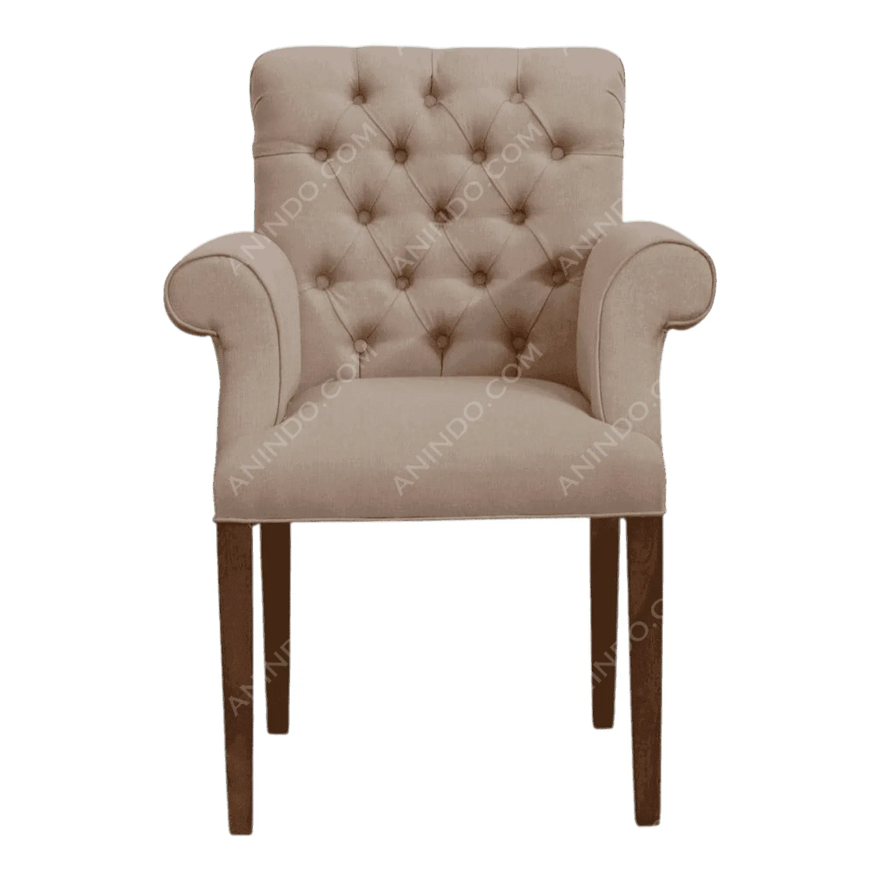 Beige tufted upholstered armchair with wooden legs