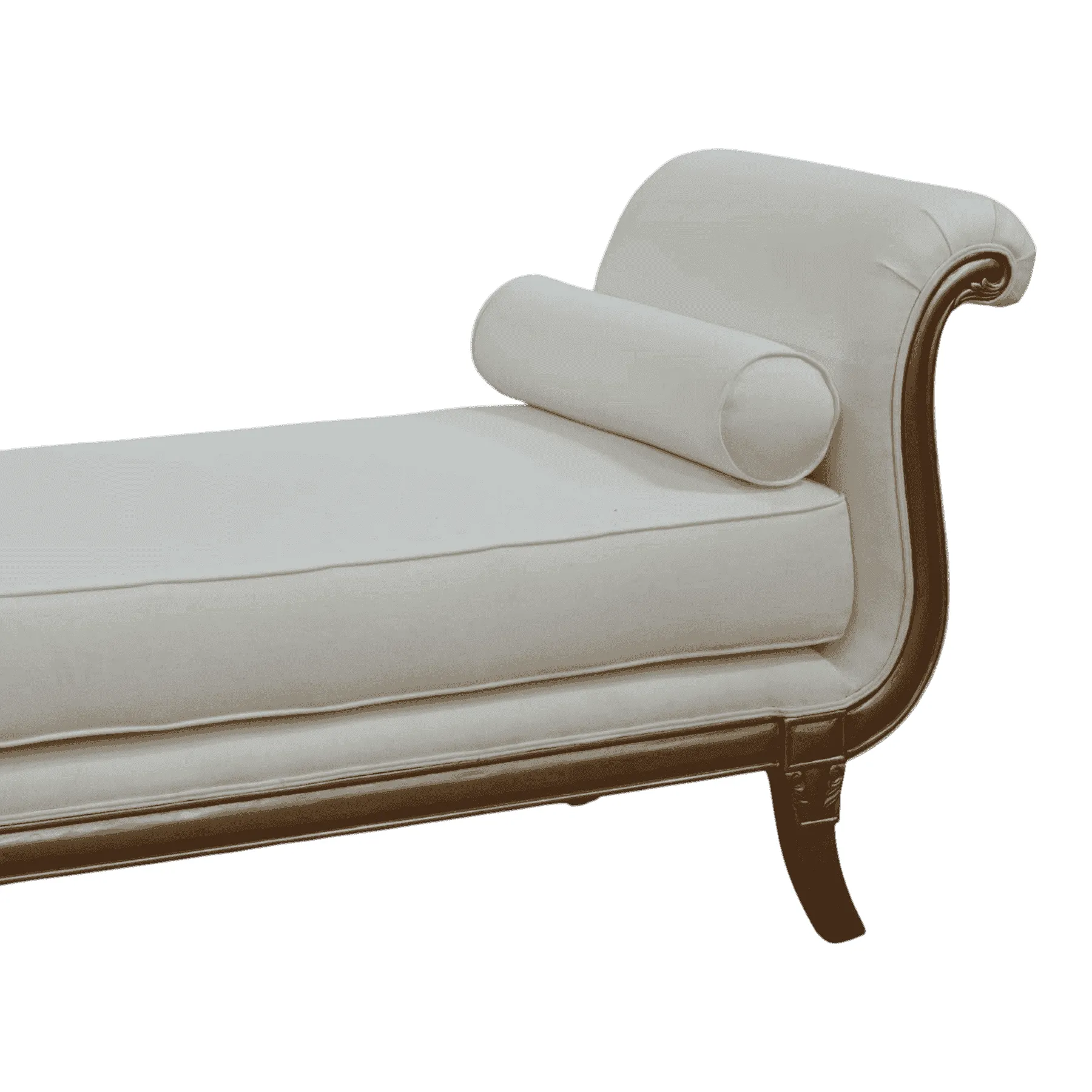 Beige upholstered chaise lounge with wooden frame