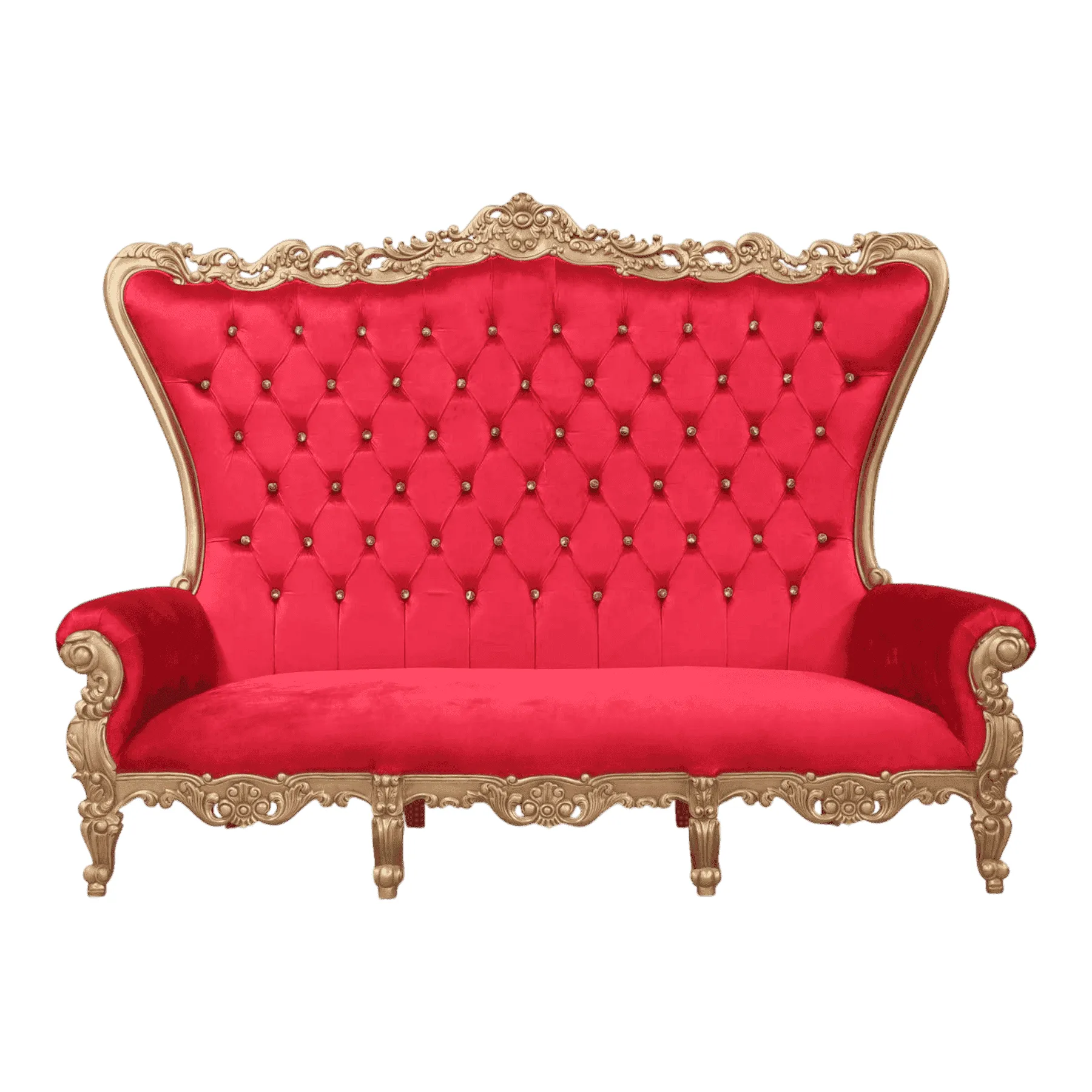 Red velvet tufted sofa with gold ornate frame