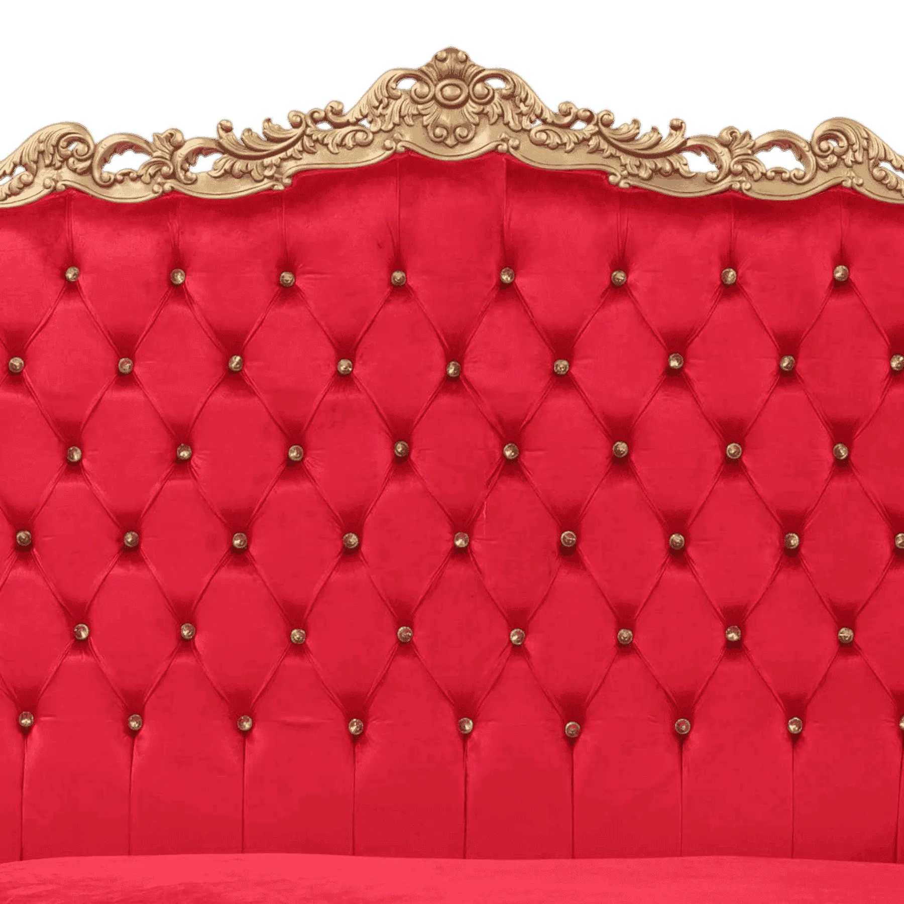Red tufted velvet headboard with ornate gold trim