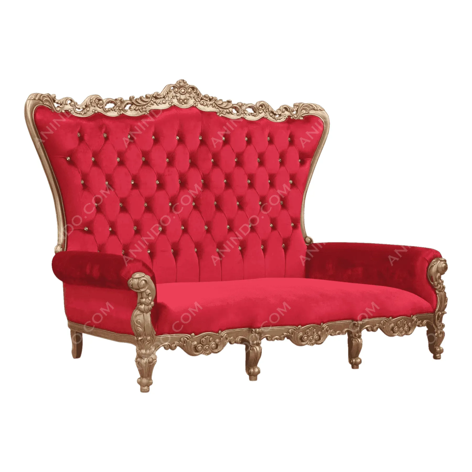 Red velvet tufted Victorian sofa with gold frame