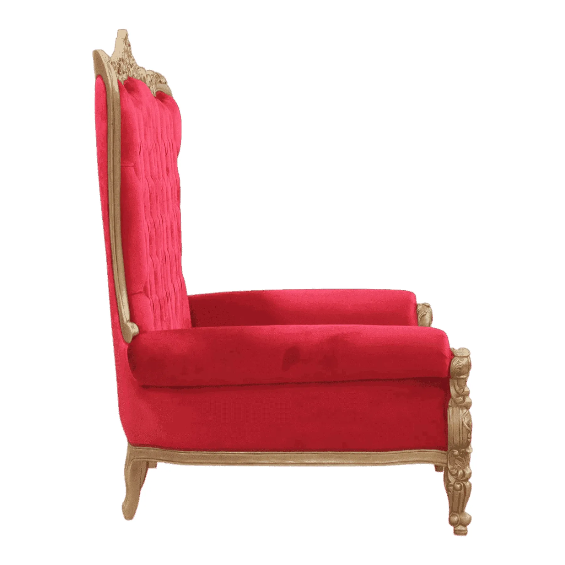 Red velvet armchair with ornate wooden frame