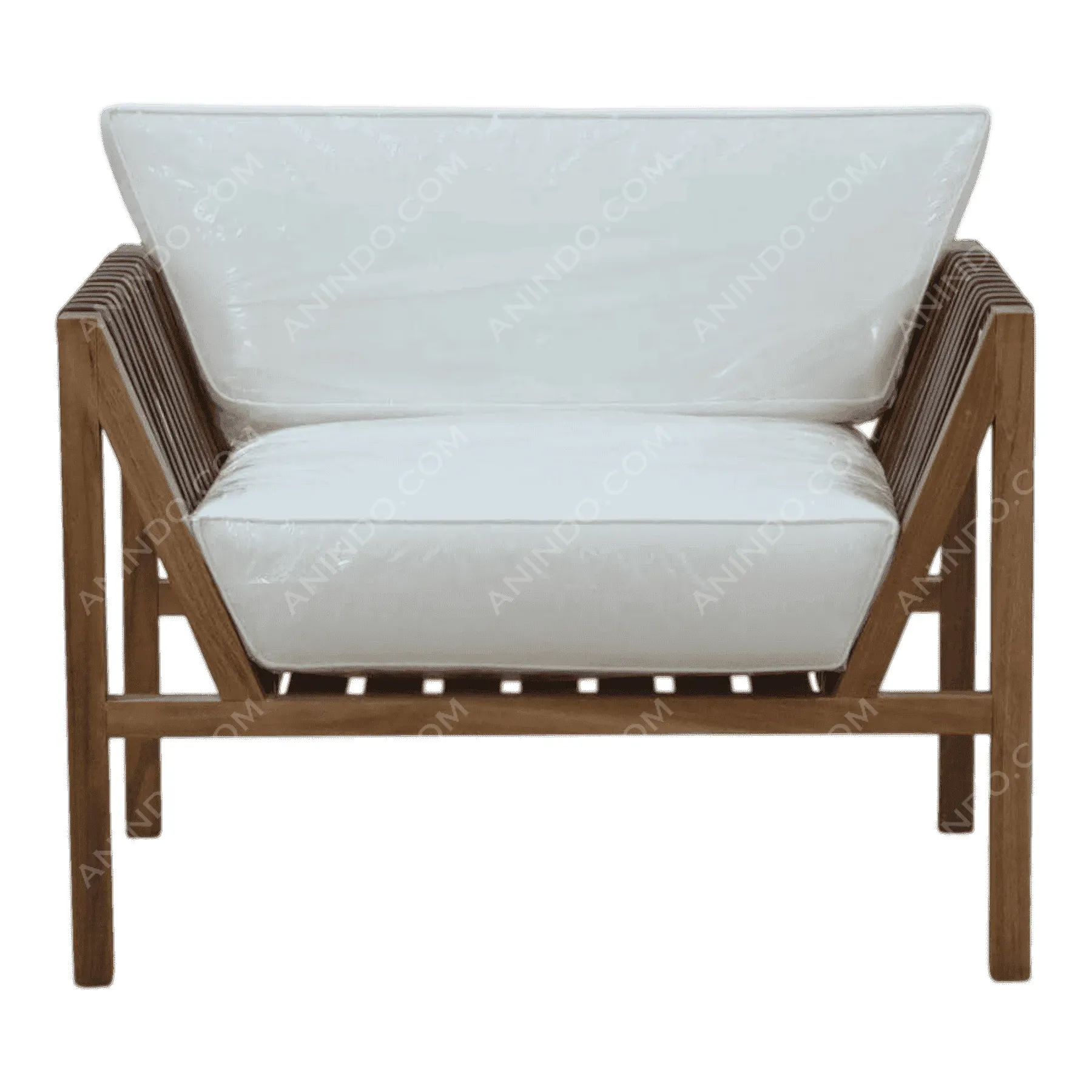 Modern wooden armchair with white cushions