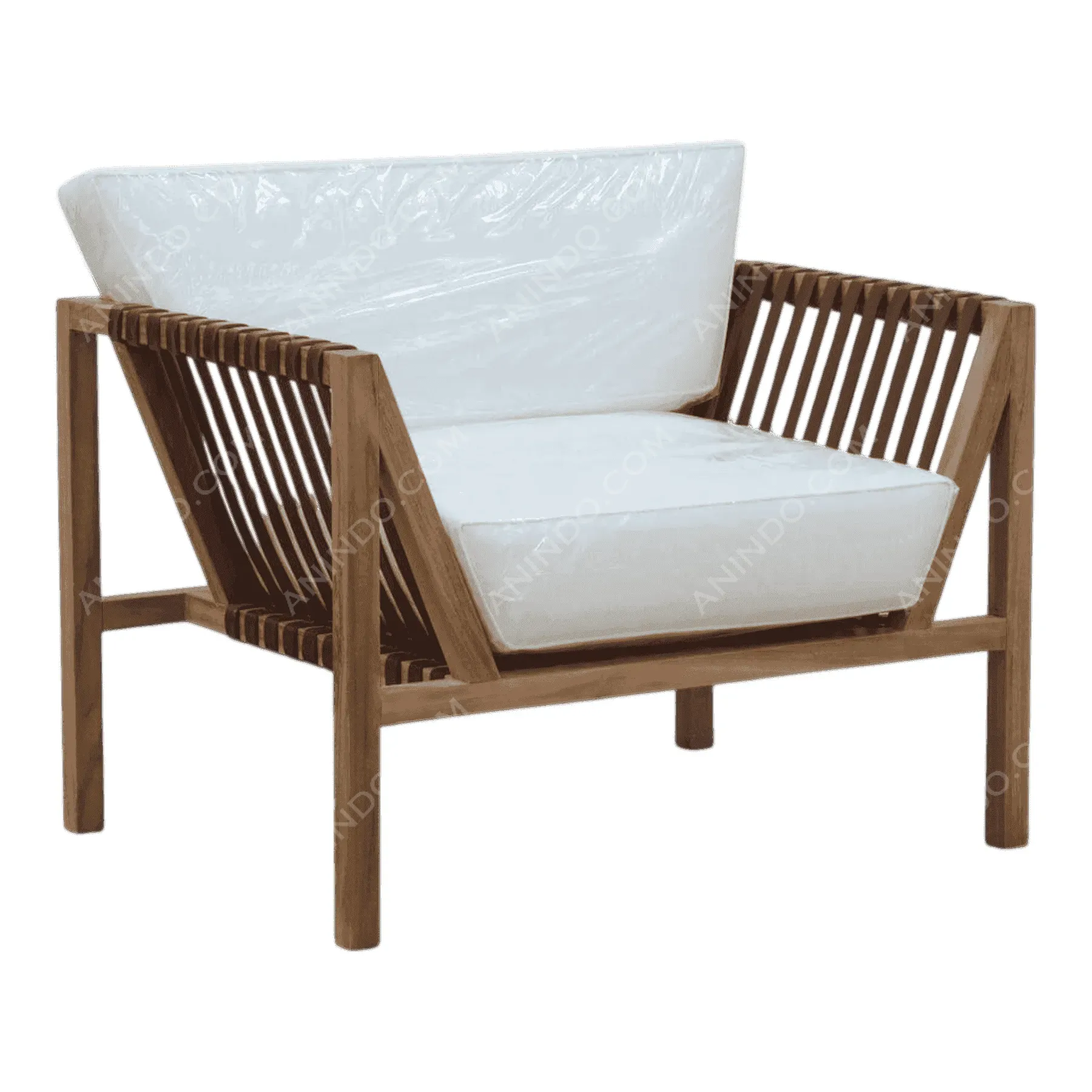 Modern wooden armchair with white cushions