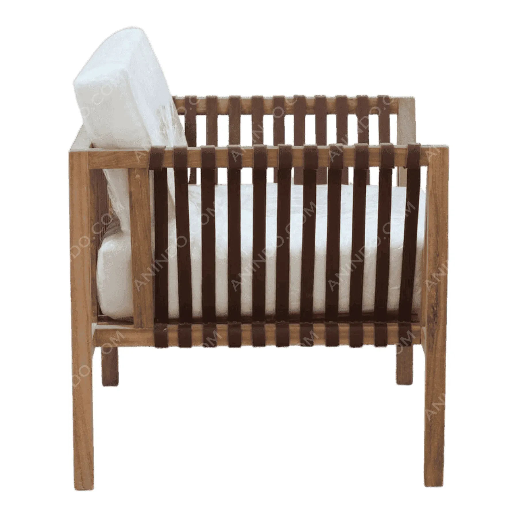 Wooden armchair with white cushions side view