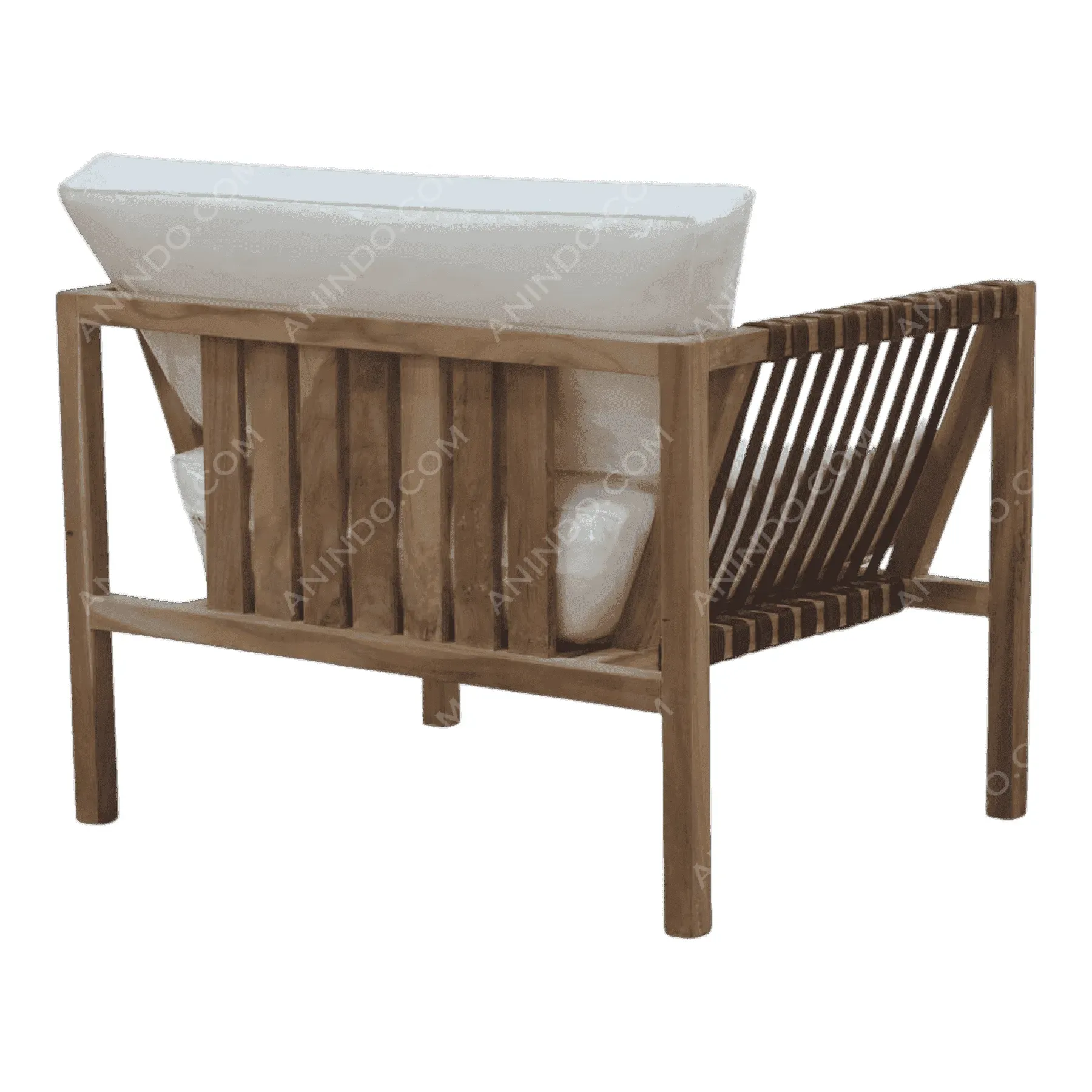 Modern wooden armchair with white cushions