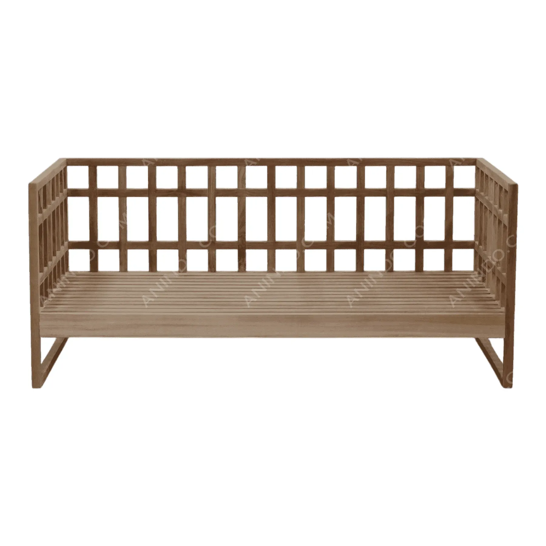 Modern wooden bench with open grid design