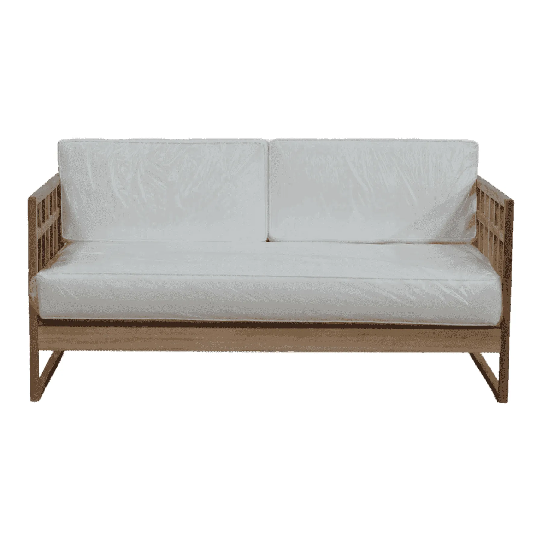 Modern wooden sofa with white cushions