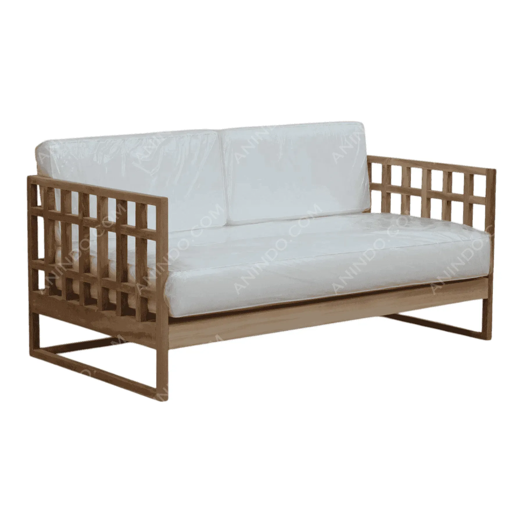 Modern wooden sofa with white cushions