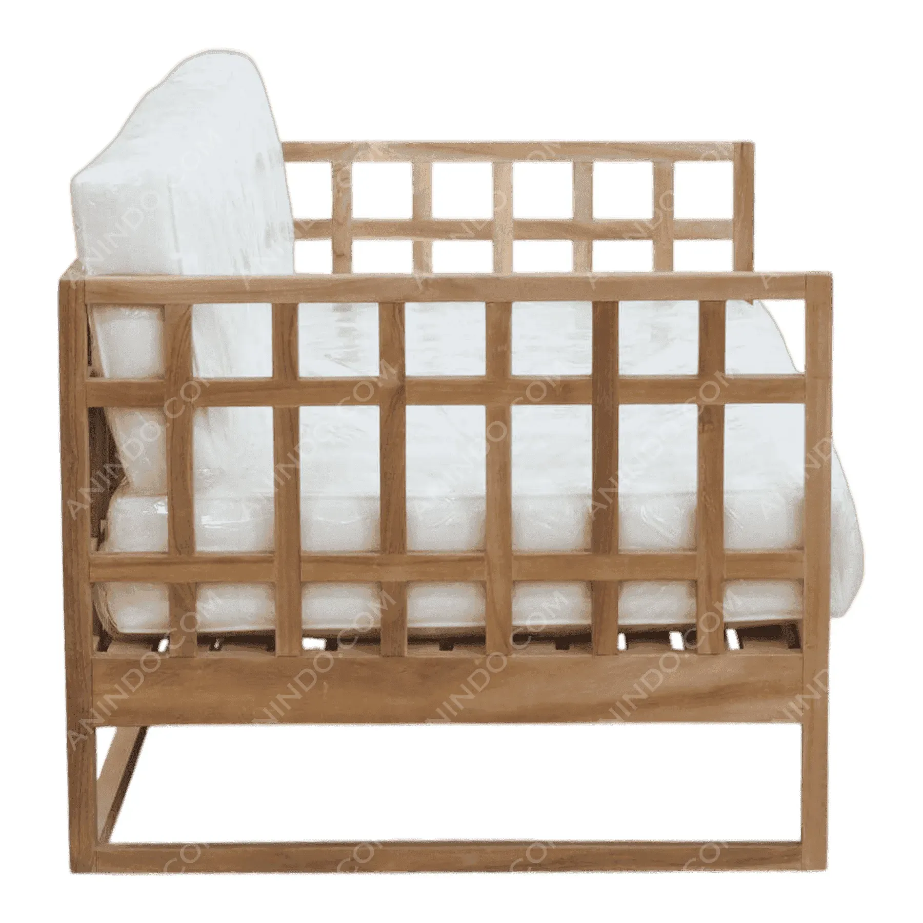 Wooden grid frame sofa with white cushions