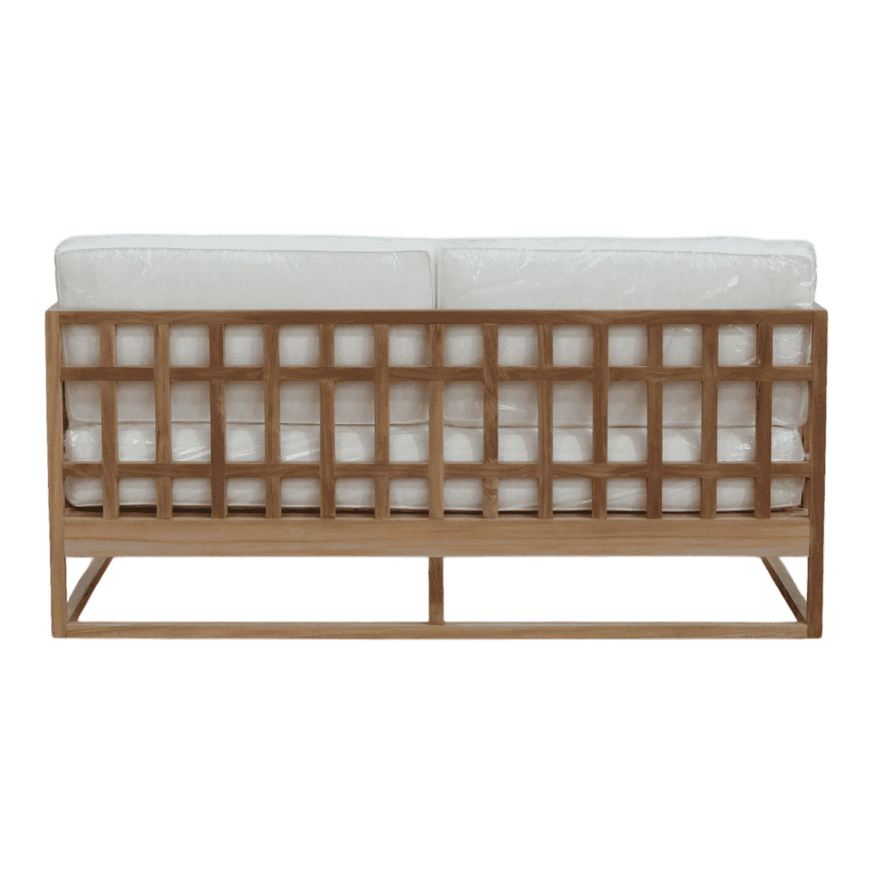 Modern wooden sofa with white cushions