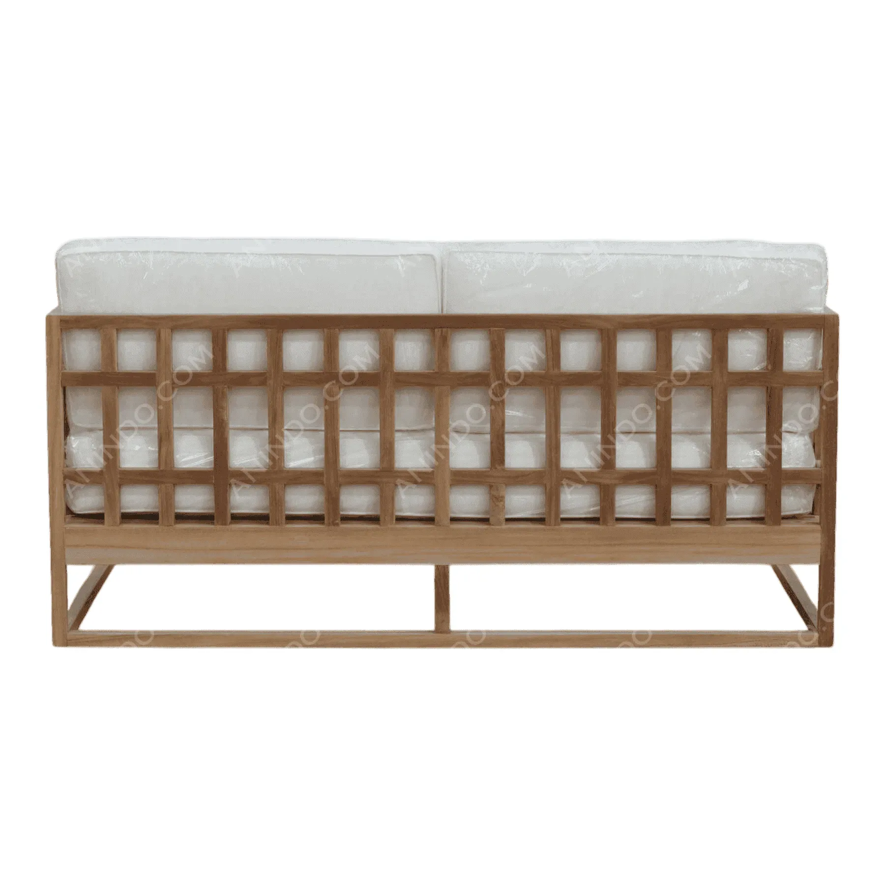 Modern wooden sofa with white cushions