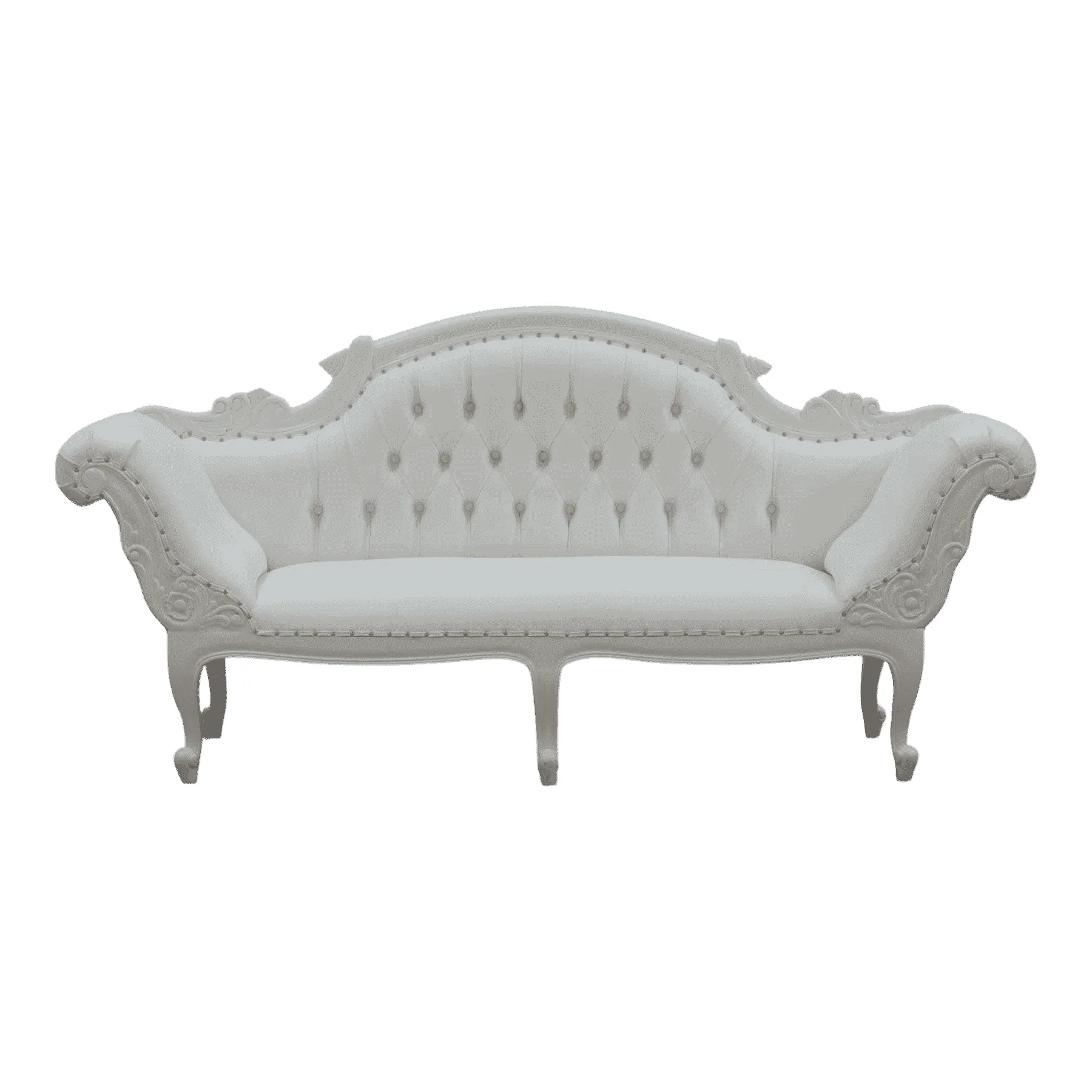 White vintage tufted sofa with carved wooden frame