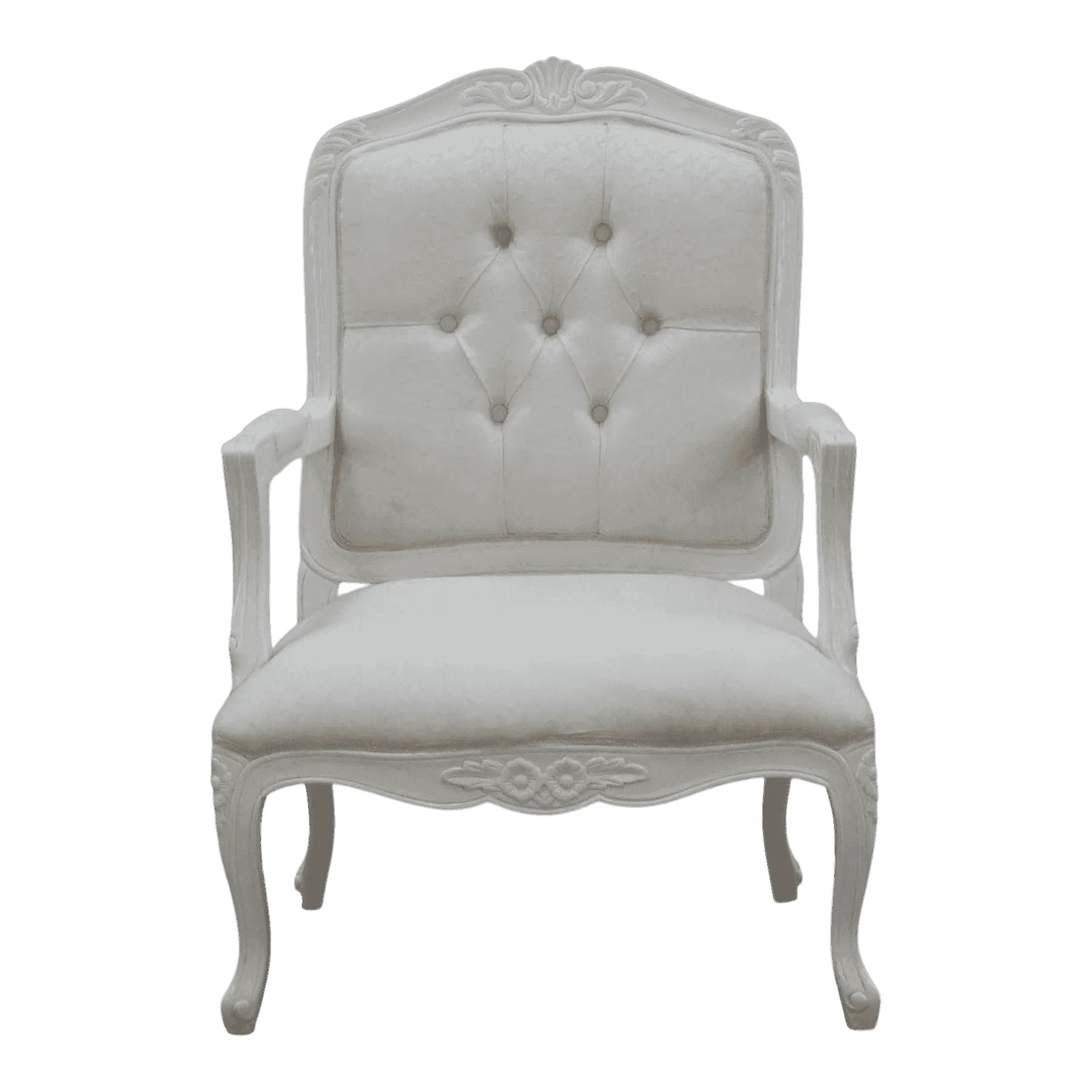 Elegant white upholstered armchair with carved details