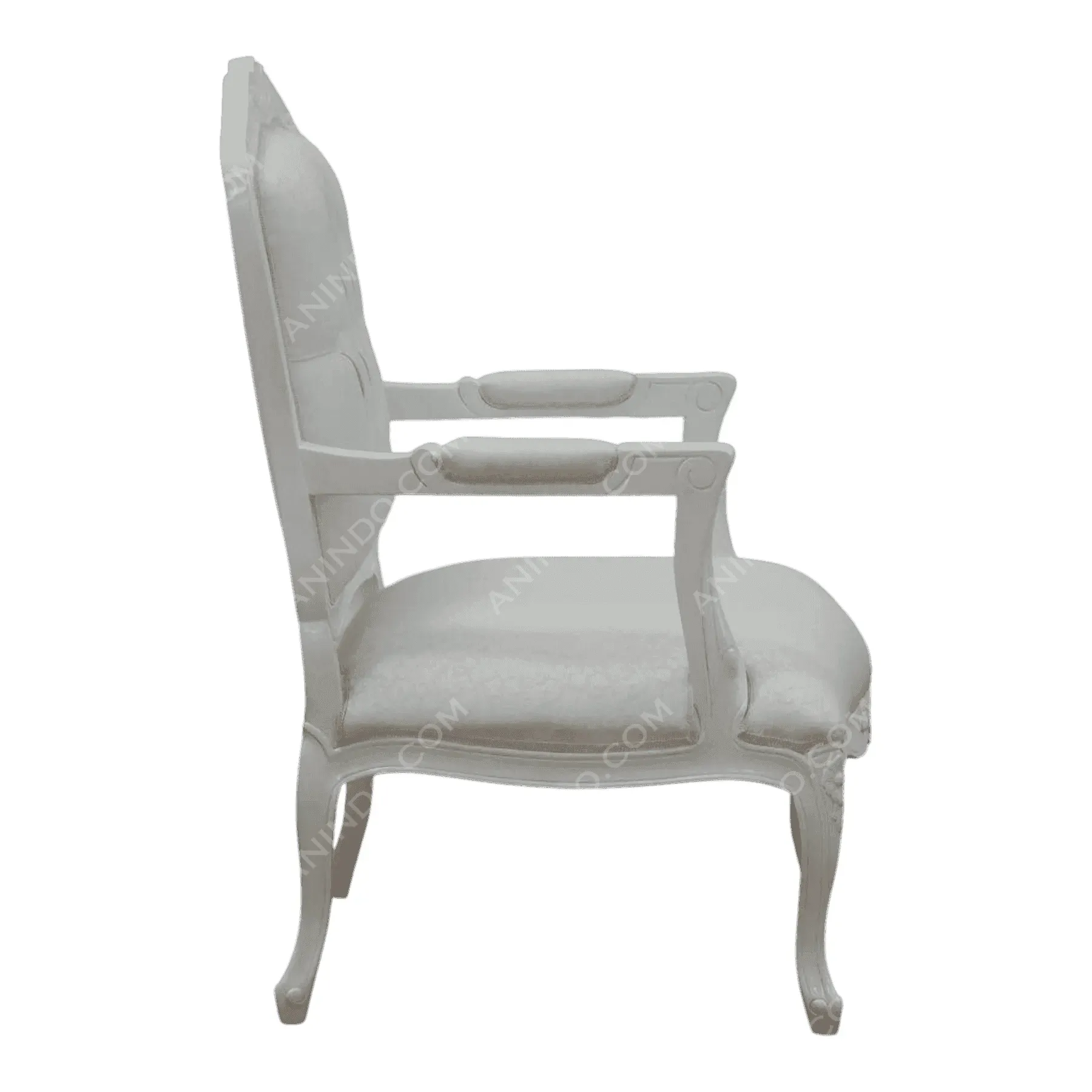 Elegant white upholstered armchair side view