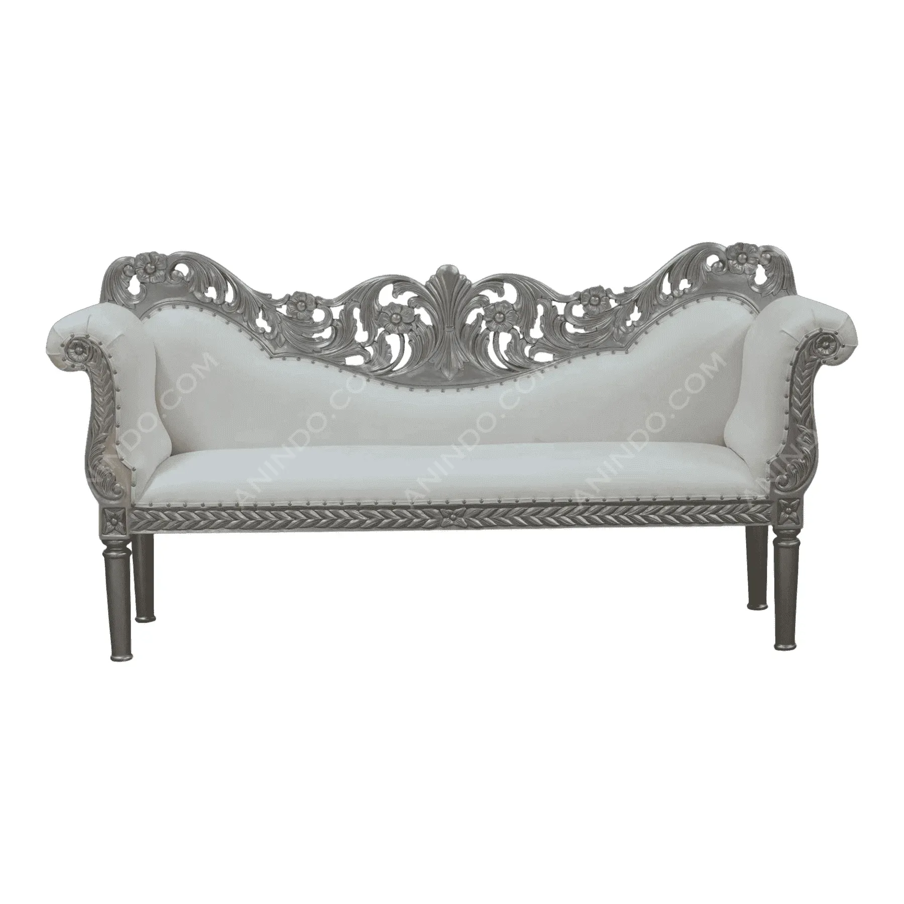 Elegant silver carved vintage sofa with white upholstery