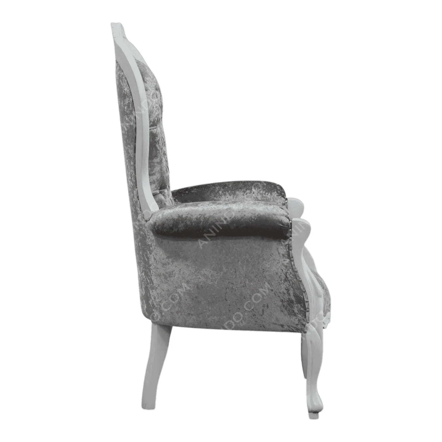 Gray velvet upholstered accent chair side view