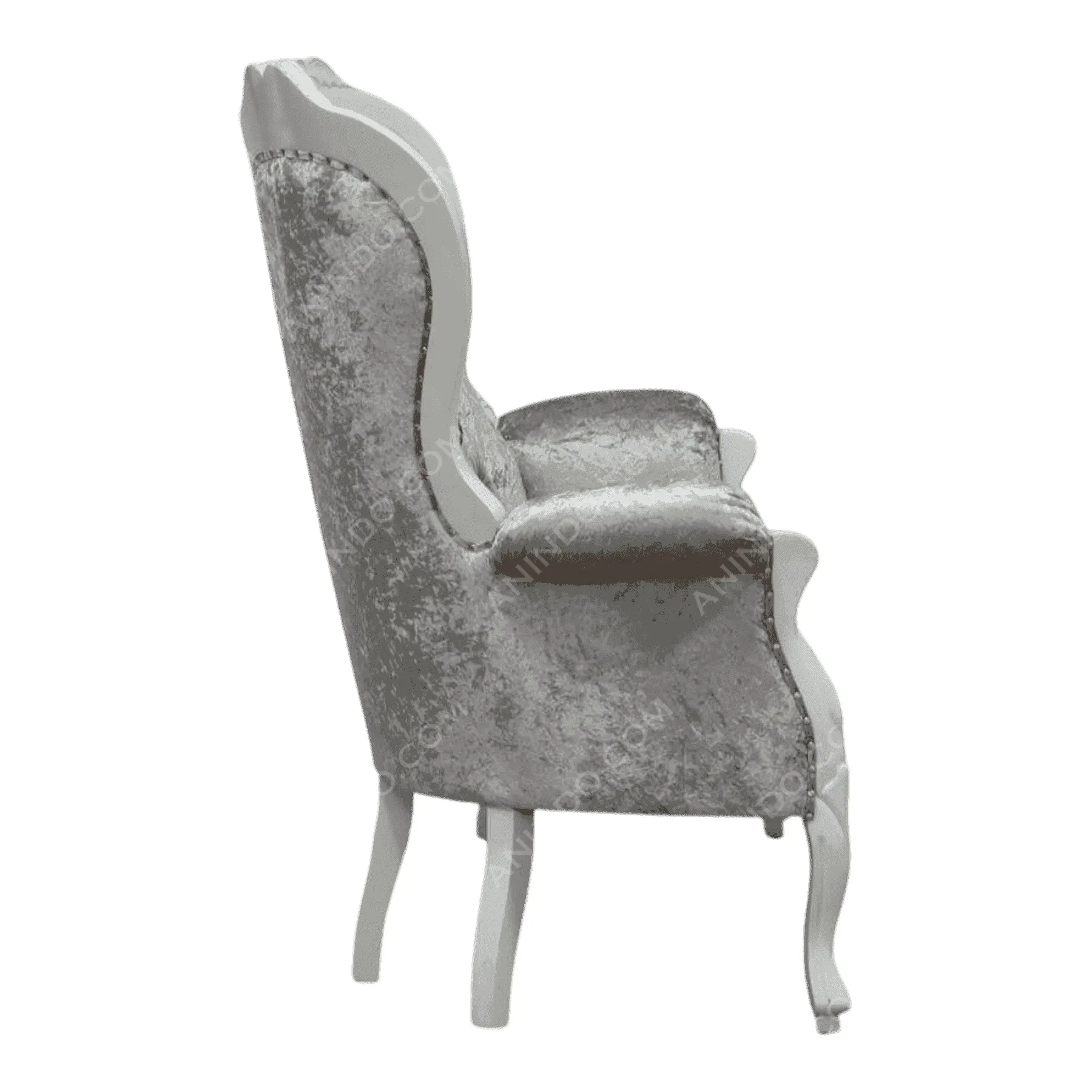 Elegant gray velvet armchair with white wooden frame