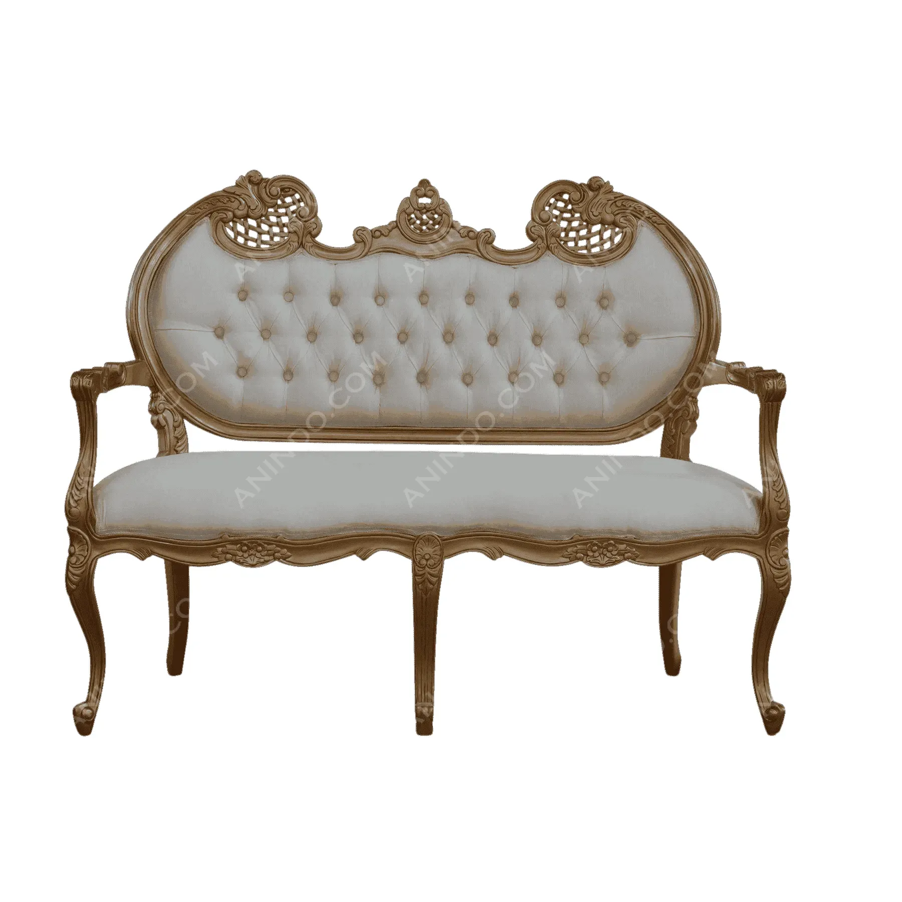 Vintage wooden loveseat with tufted beige upholstery