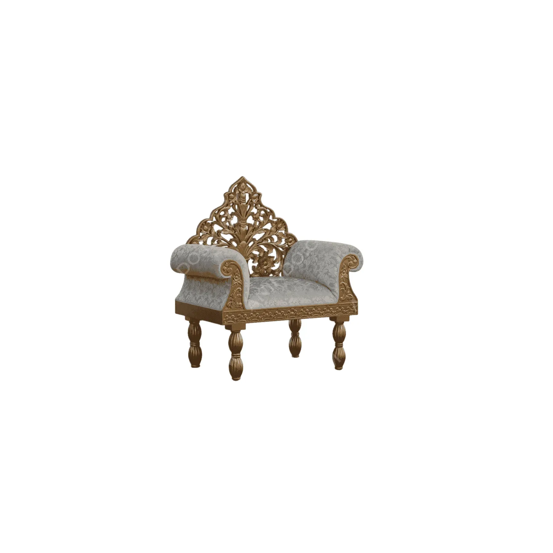 Ornate wooden chair with gray upholstery