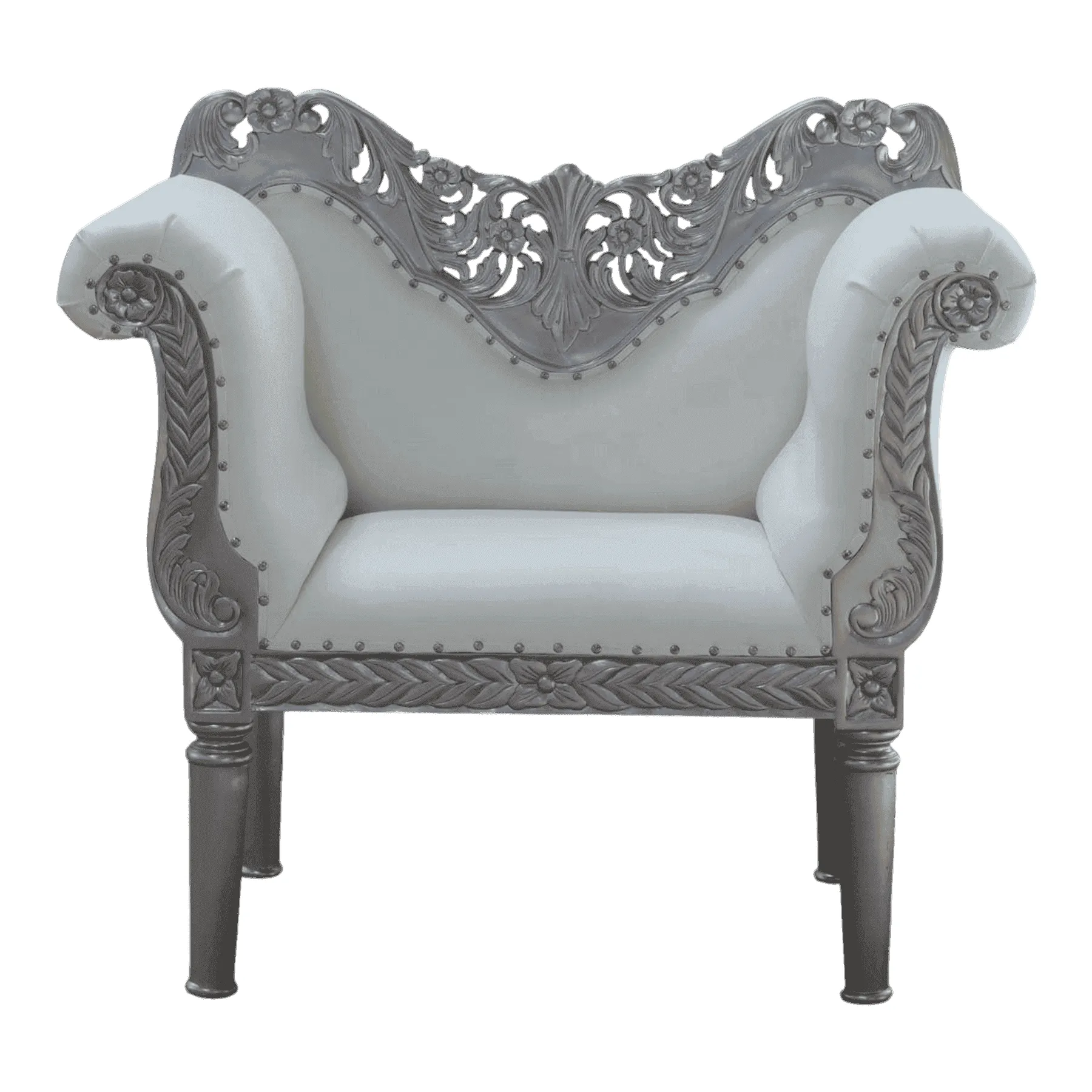 Elegant gray armchair with ornate carved details