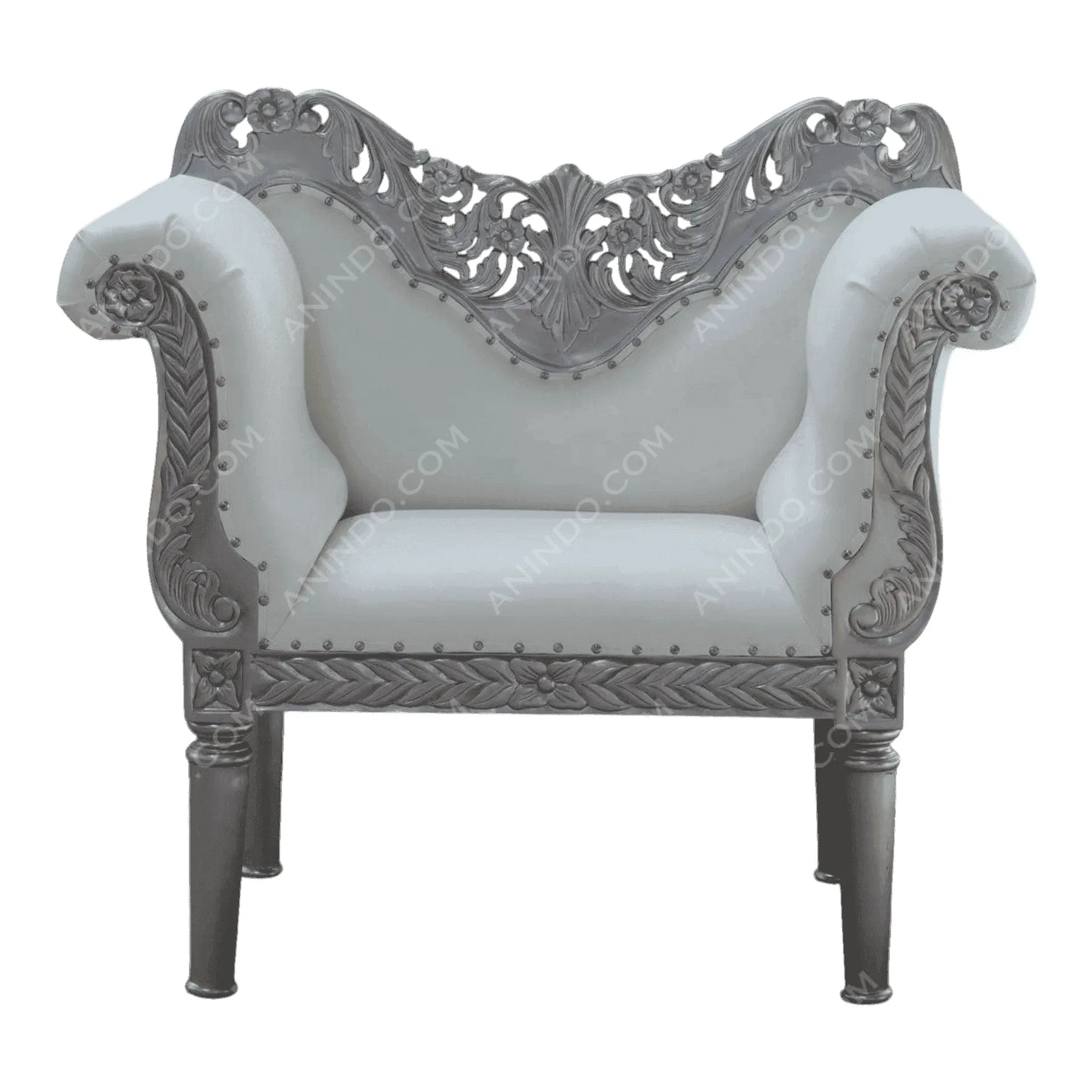 Elegant gray armchair with ornate carved details
