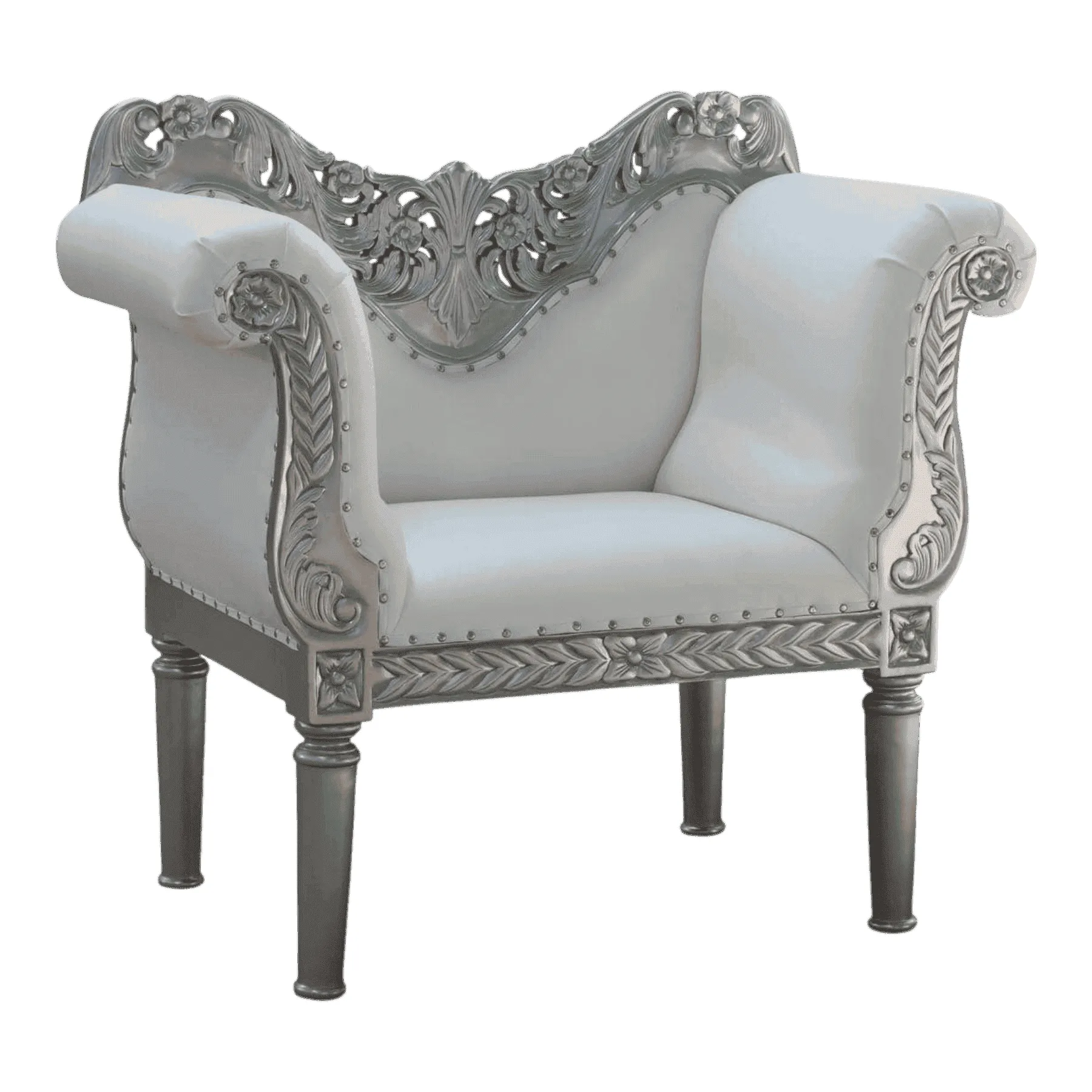 Elegant silver carved armchair with white upholstery