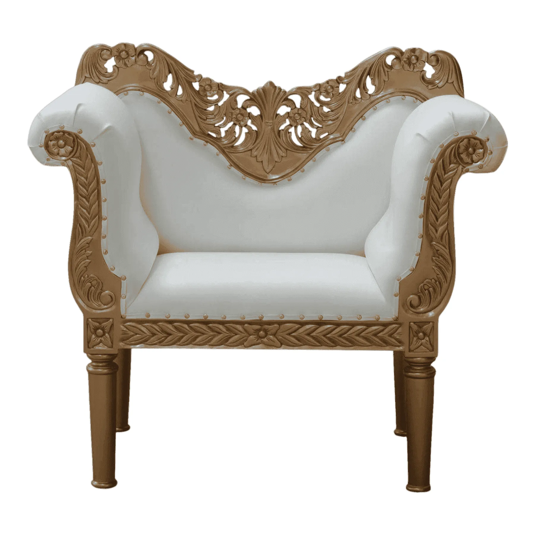 White armchair with ornate wooden frame