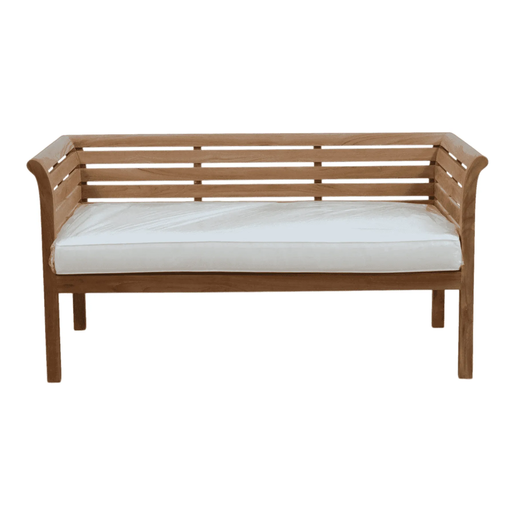 Wooden bench with white cushion seat