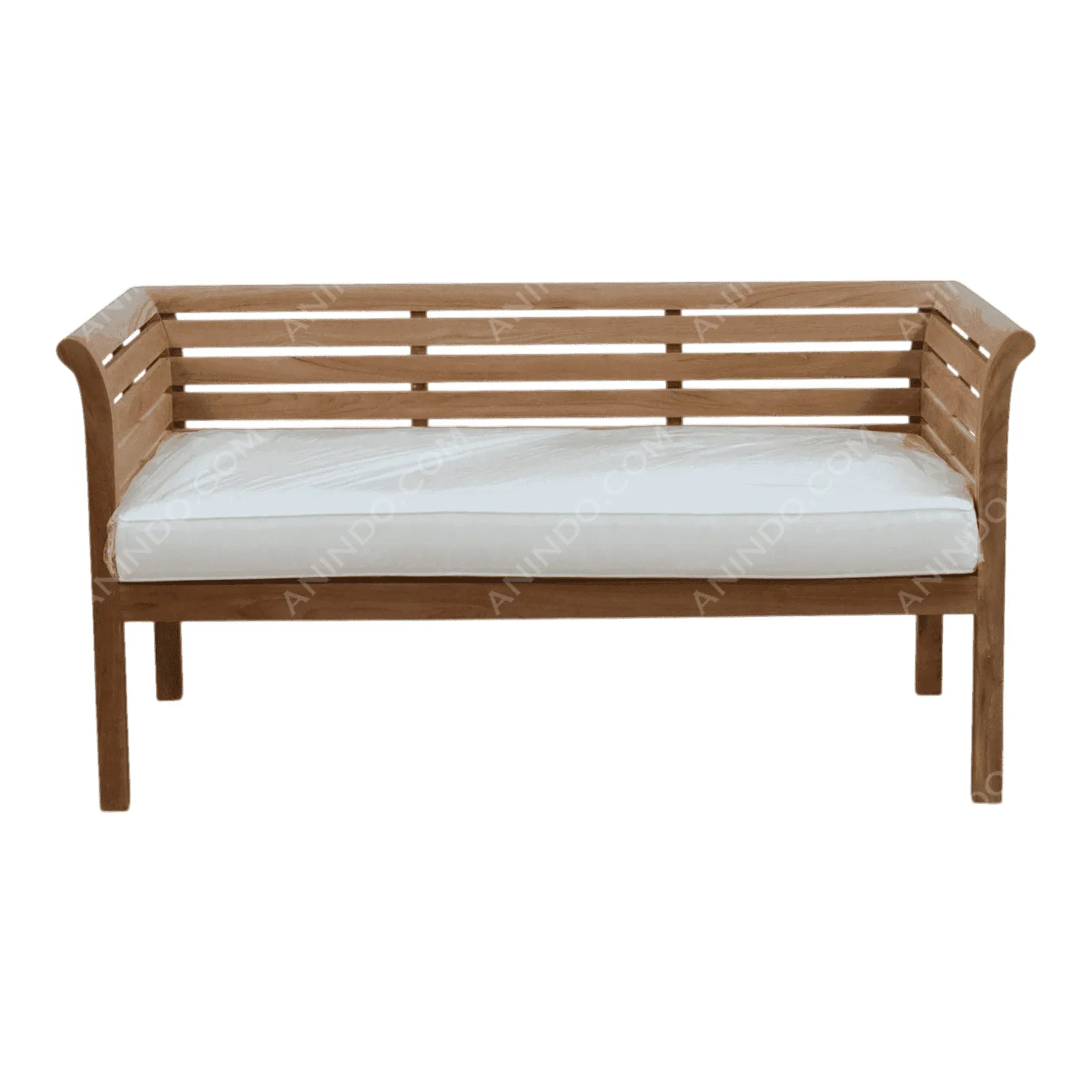 Wooden bench with white cushion seat