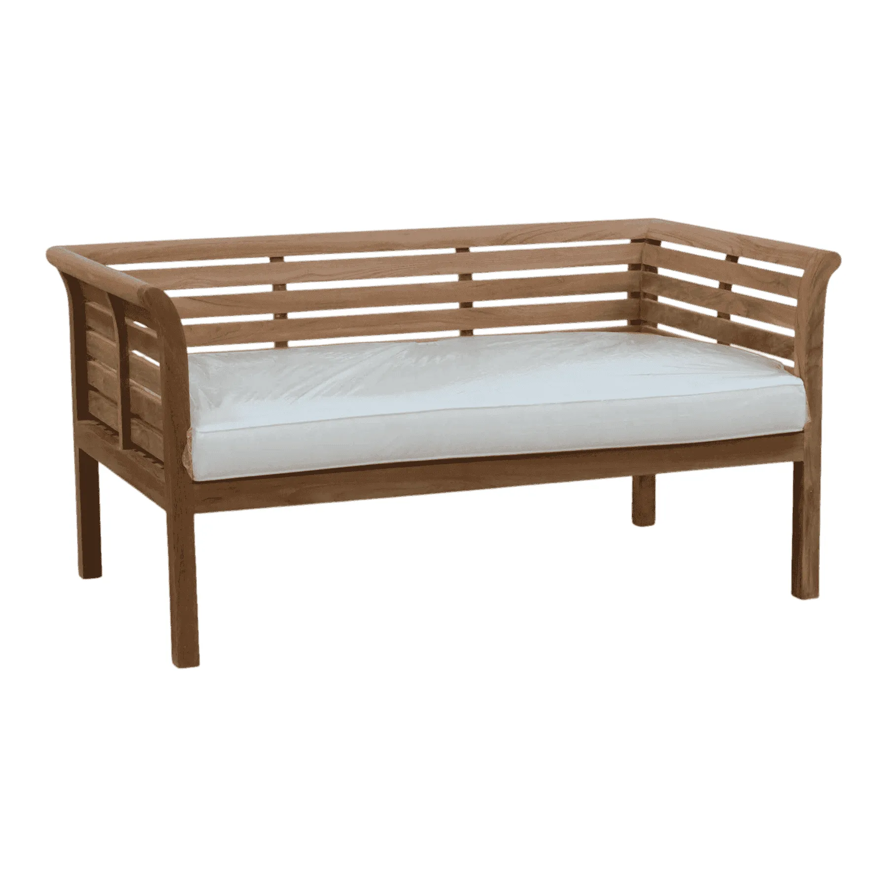 Wooden bench with white cushion seat
