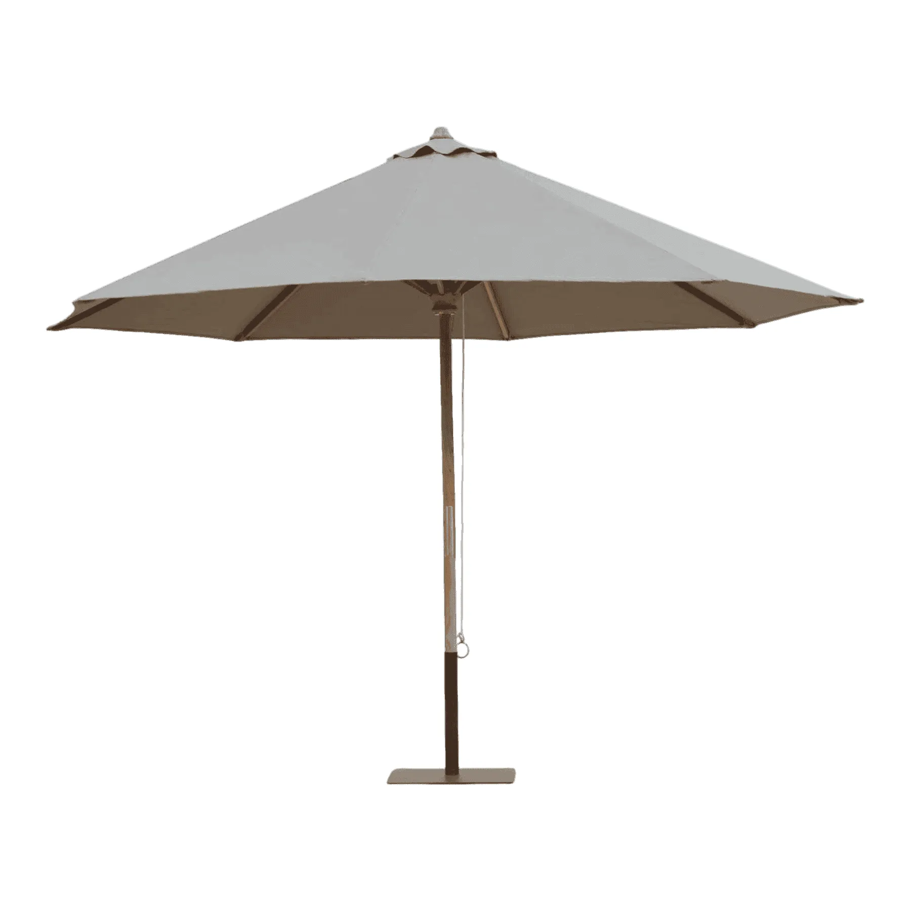 Beige outdoor patio umbrella with wooden pole