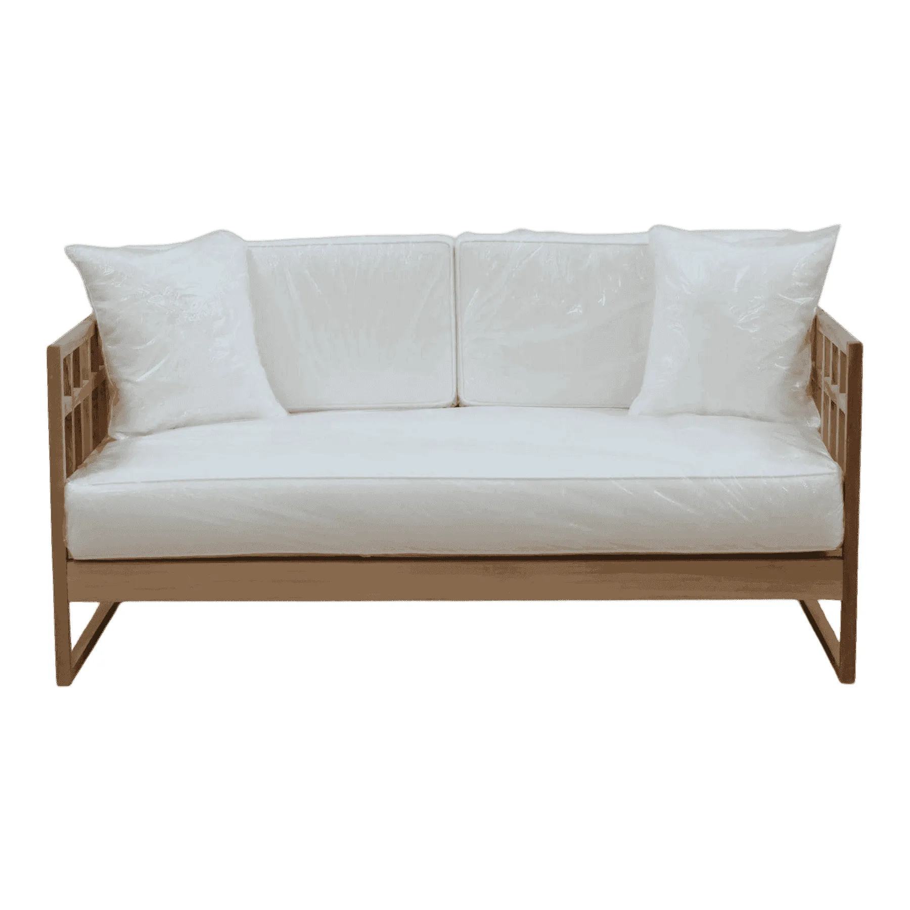 Modern wooden sofa with white cushions