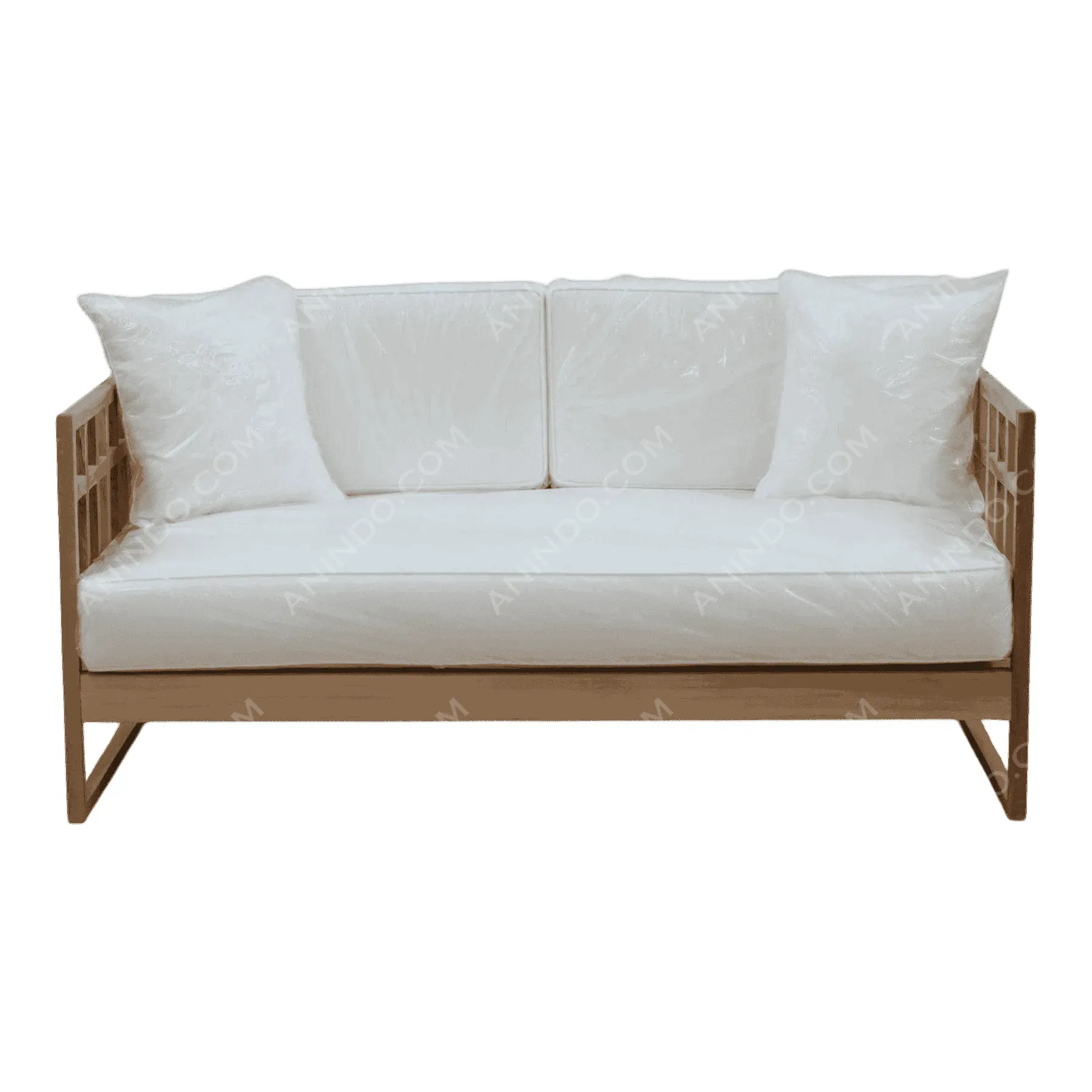 Modern wooden sofa with white cushions