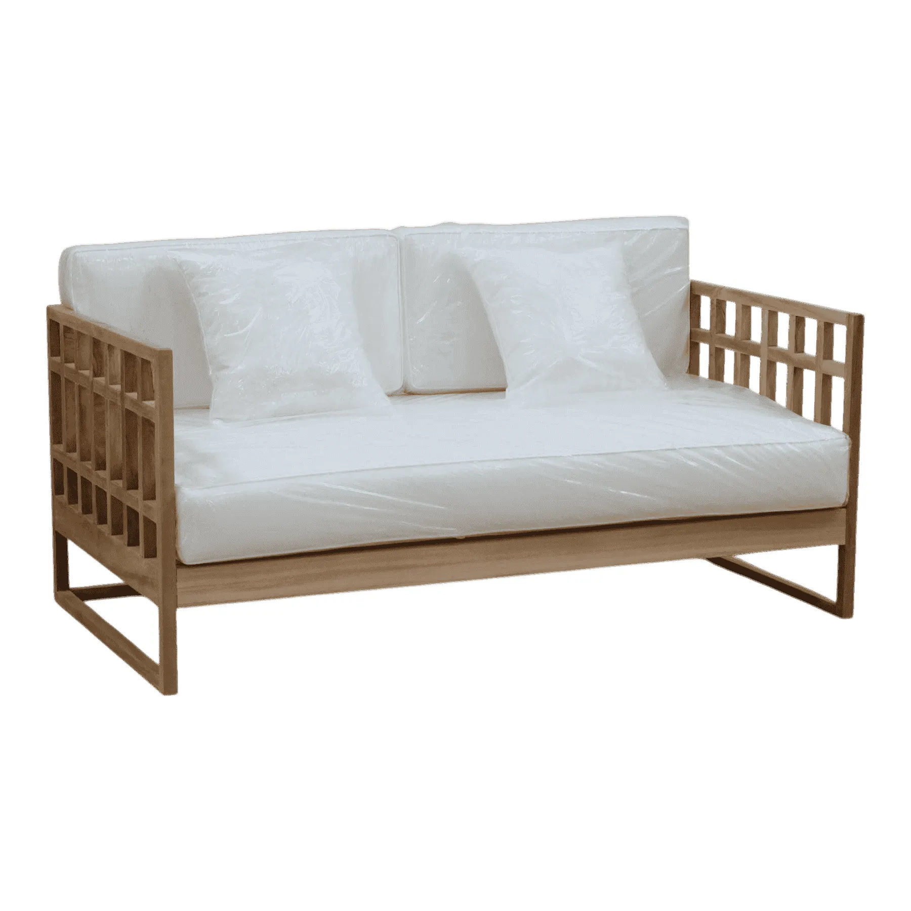 Modern wooden sofa with white cushions