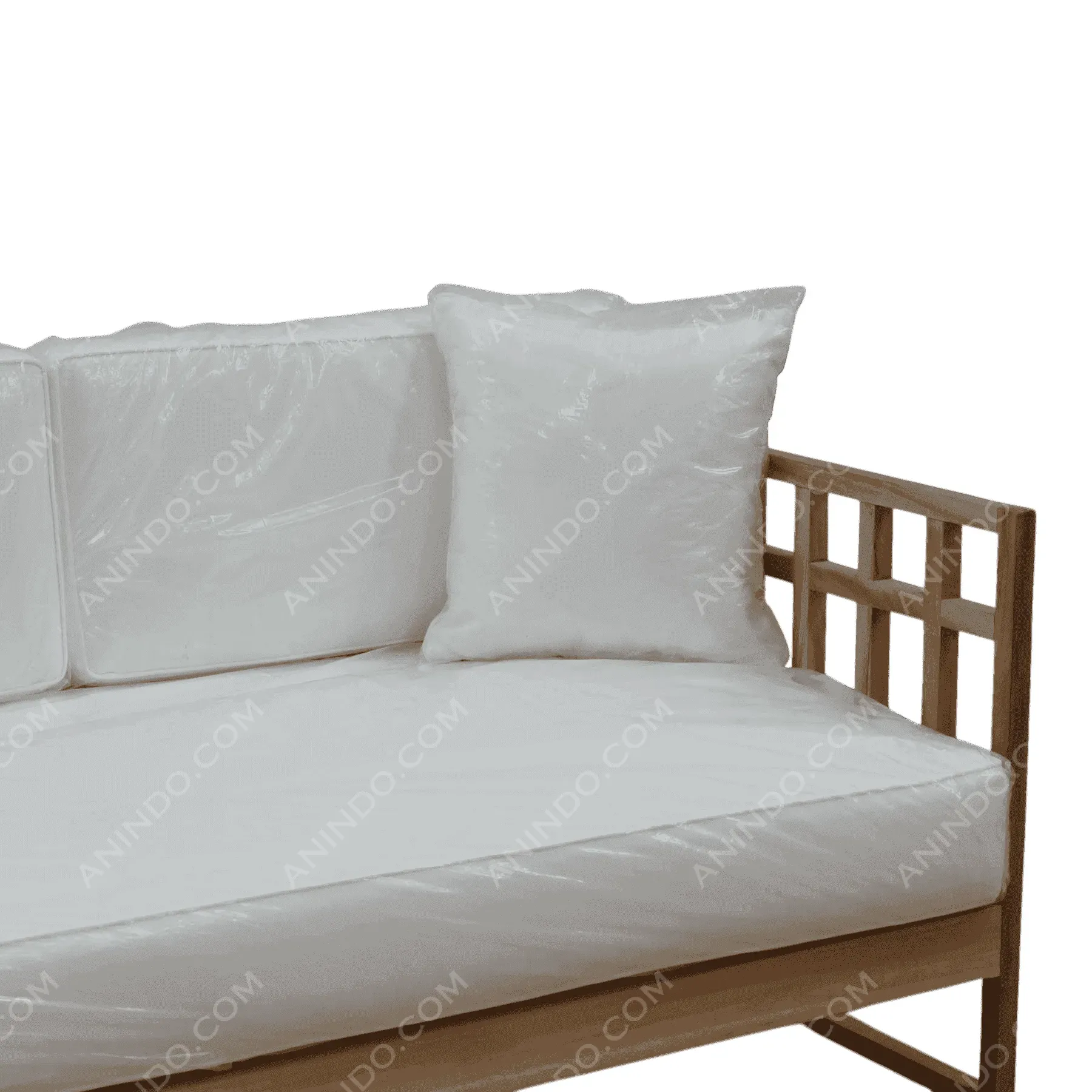 Wooden sofa with white cushions