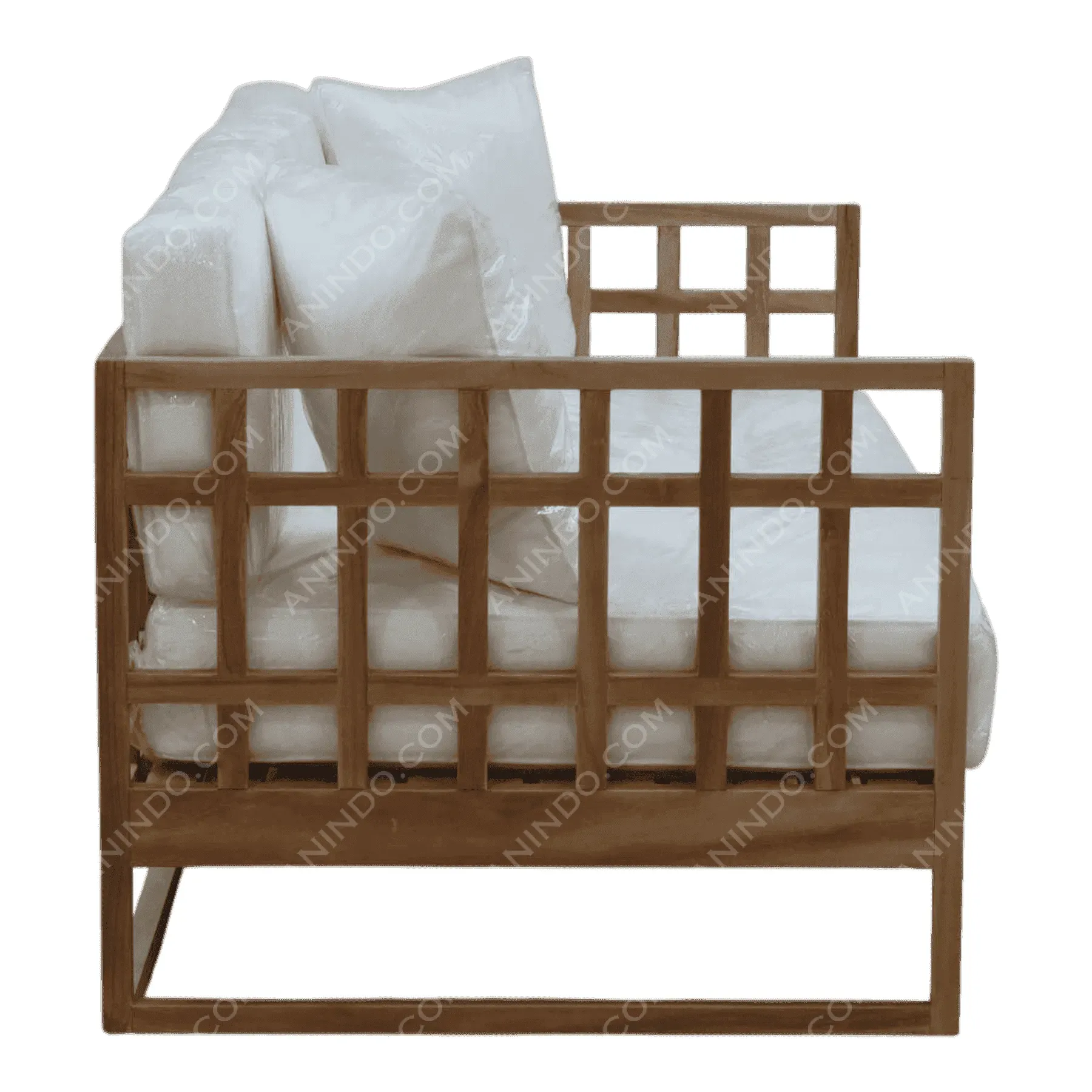 Modern wooden sofa with white cushions