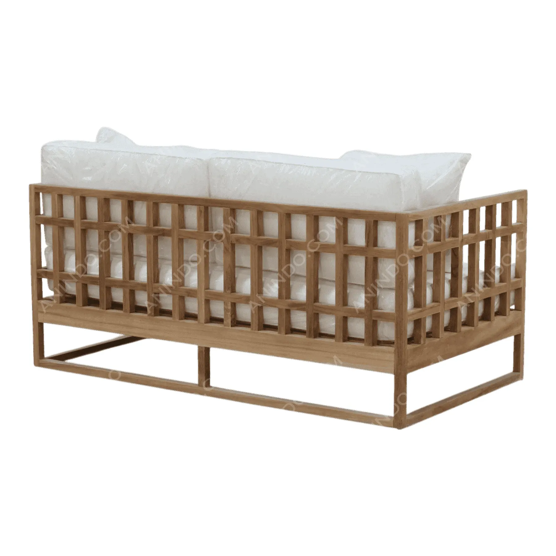 Wooden frame sofa with white cushions