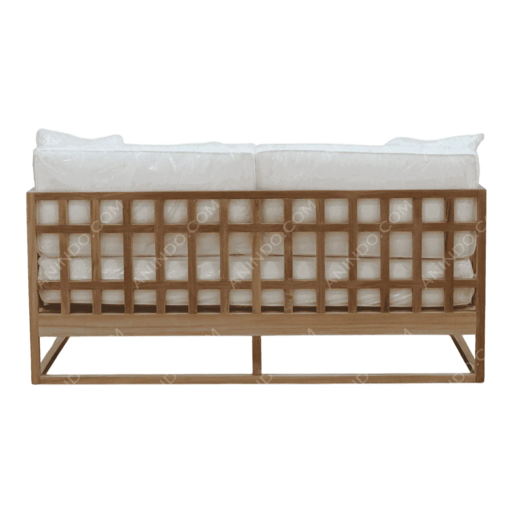 Wooden frame sofa with white cushions