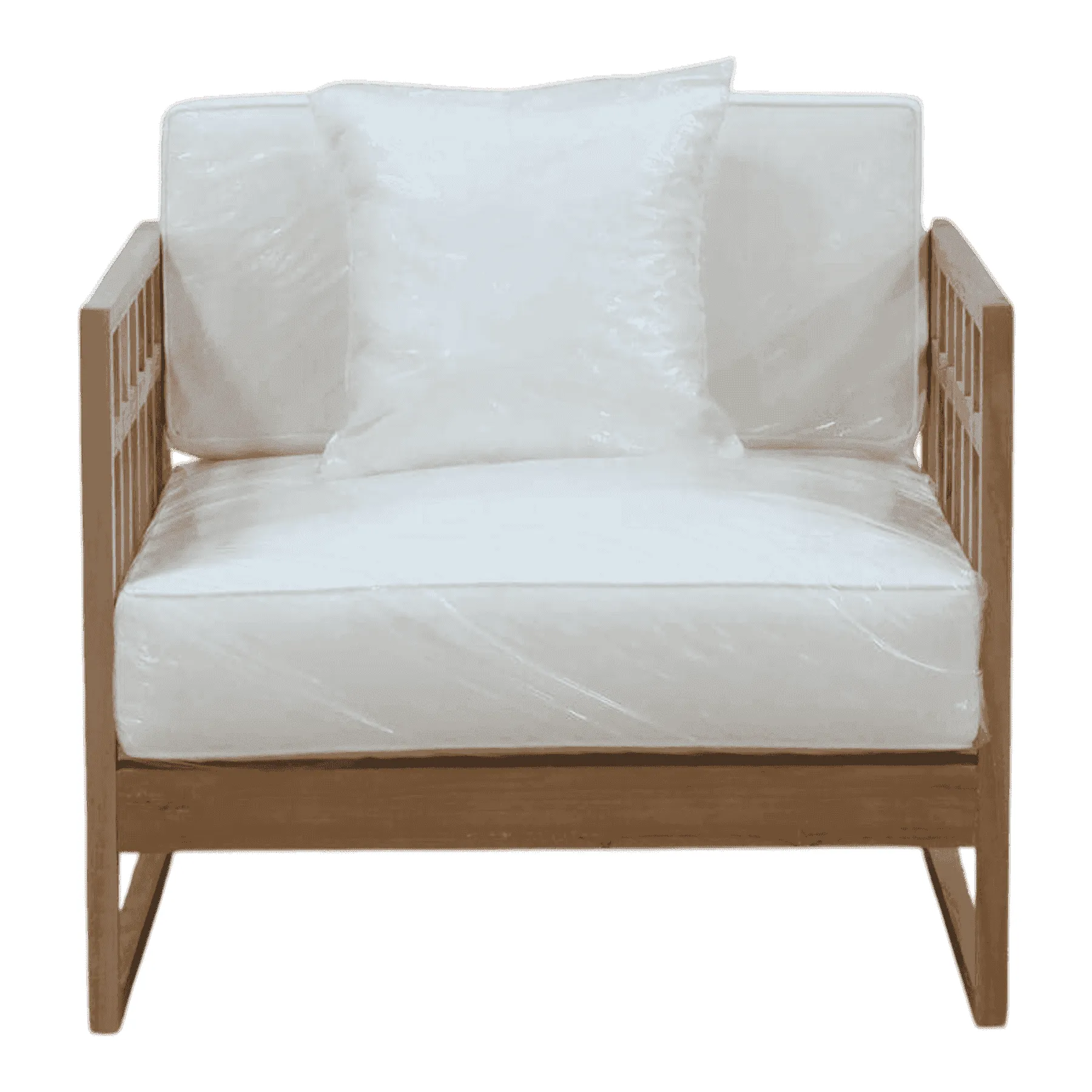Wooden armchair with white cushions