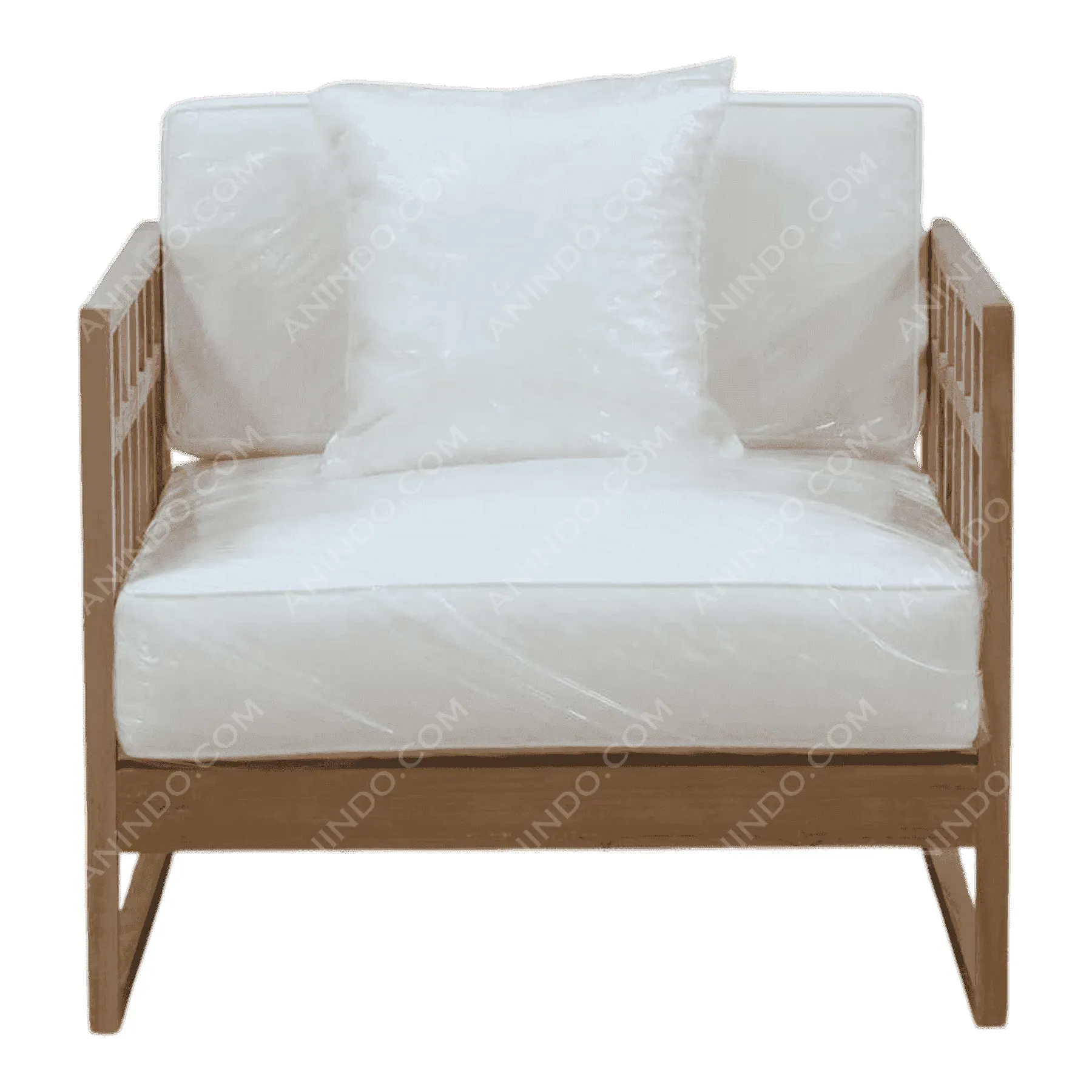 Wooden armchair with white cushions