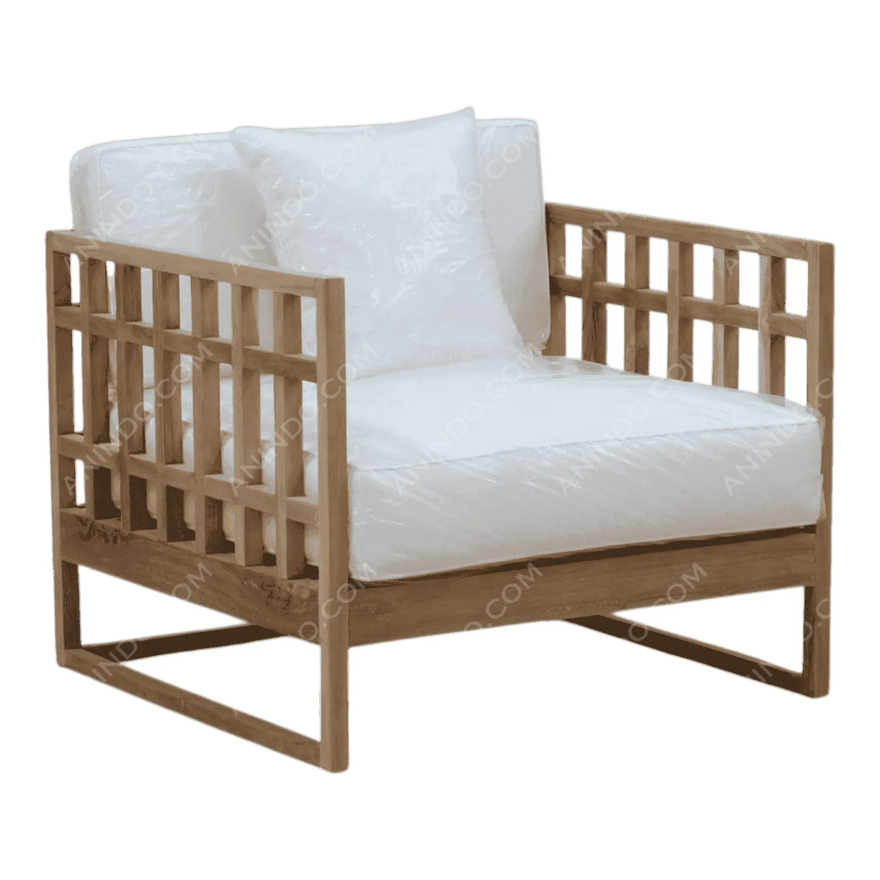 Modern wooden armchair with white cushions