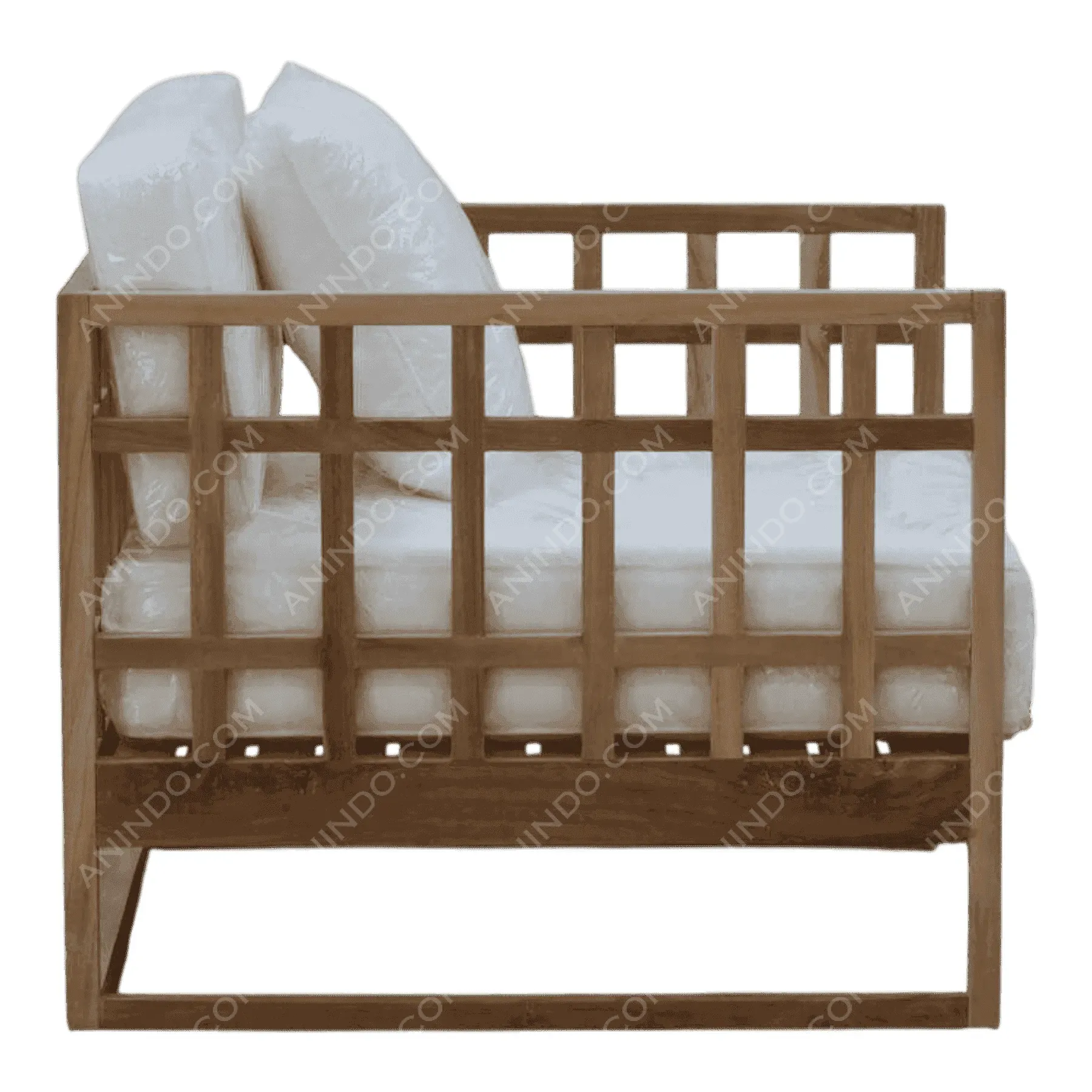 Modern wooden armchair with white cushions