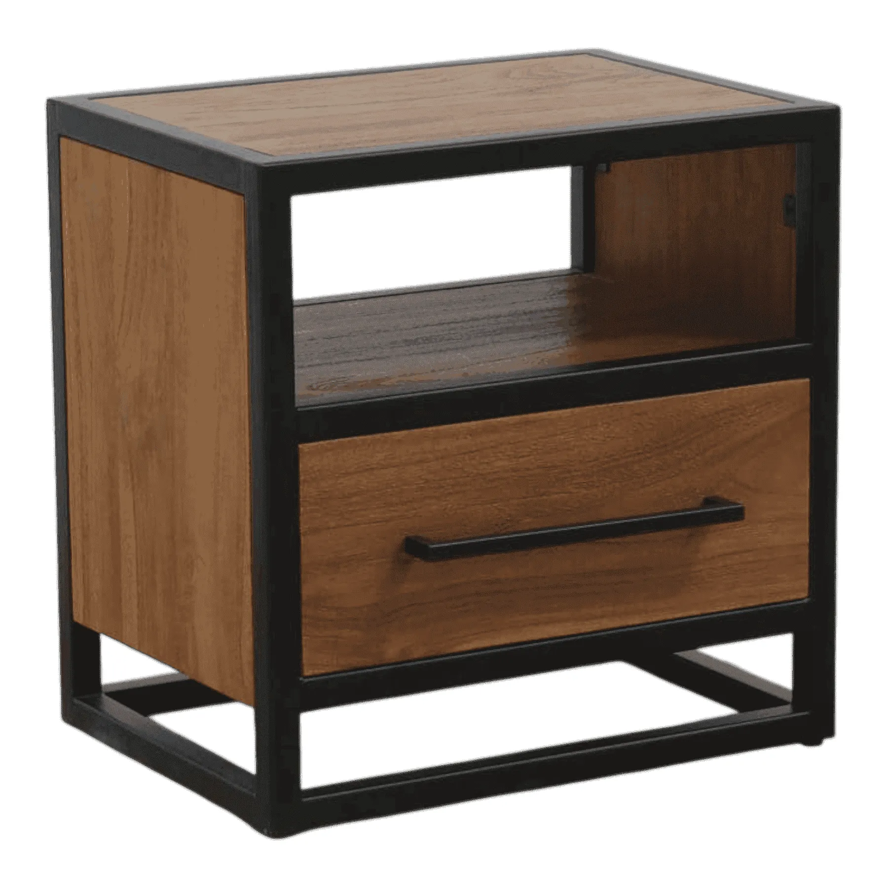 Modern wood and metal nightstand with drawer