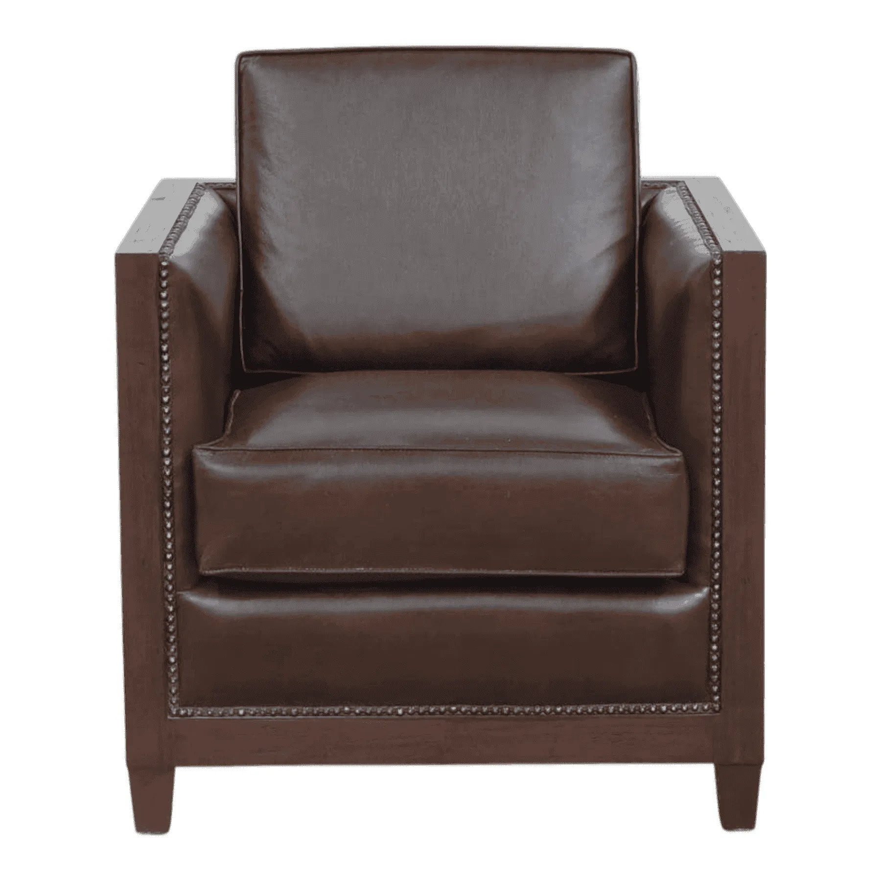 Modern brown leather armchair with nailhead trim