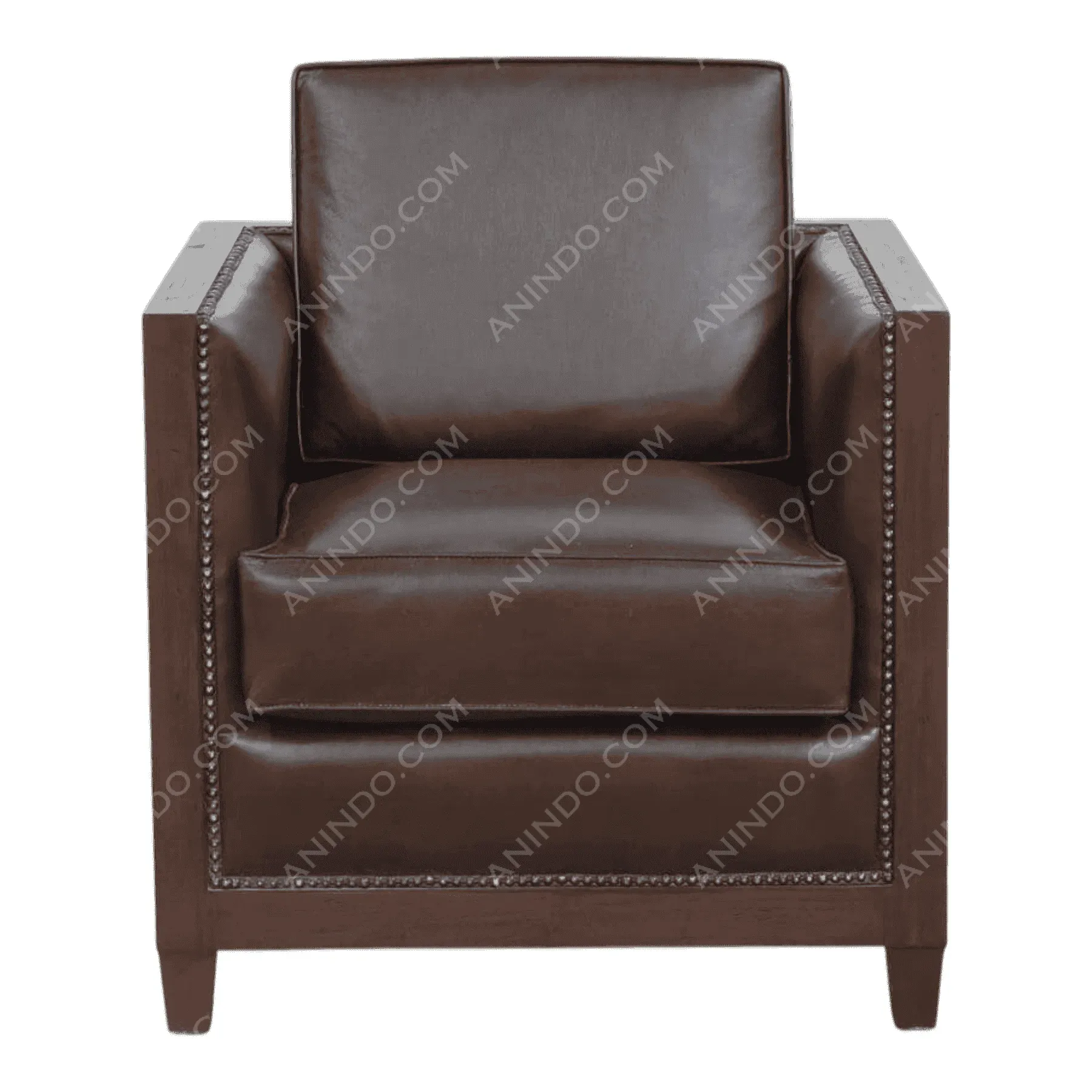 Modern brown leather armchair with nailhead trim